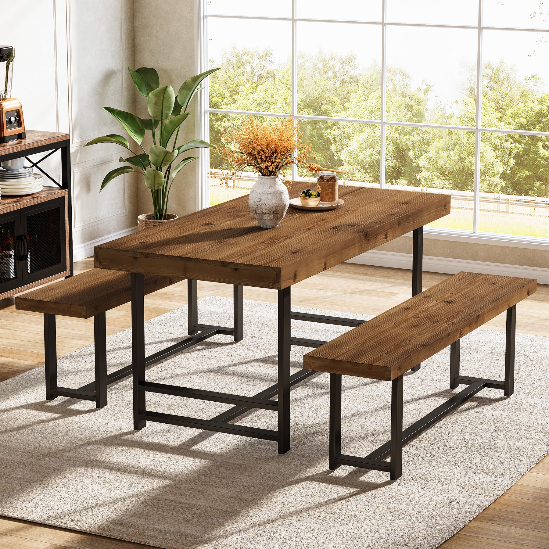 55" Dining Table Set, Solid Wood 3-Piece Rectangle Dinette Set with 2 Benches