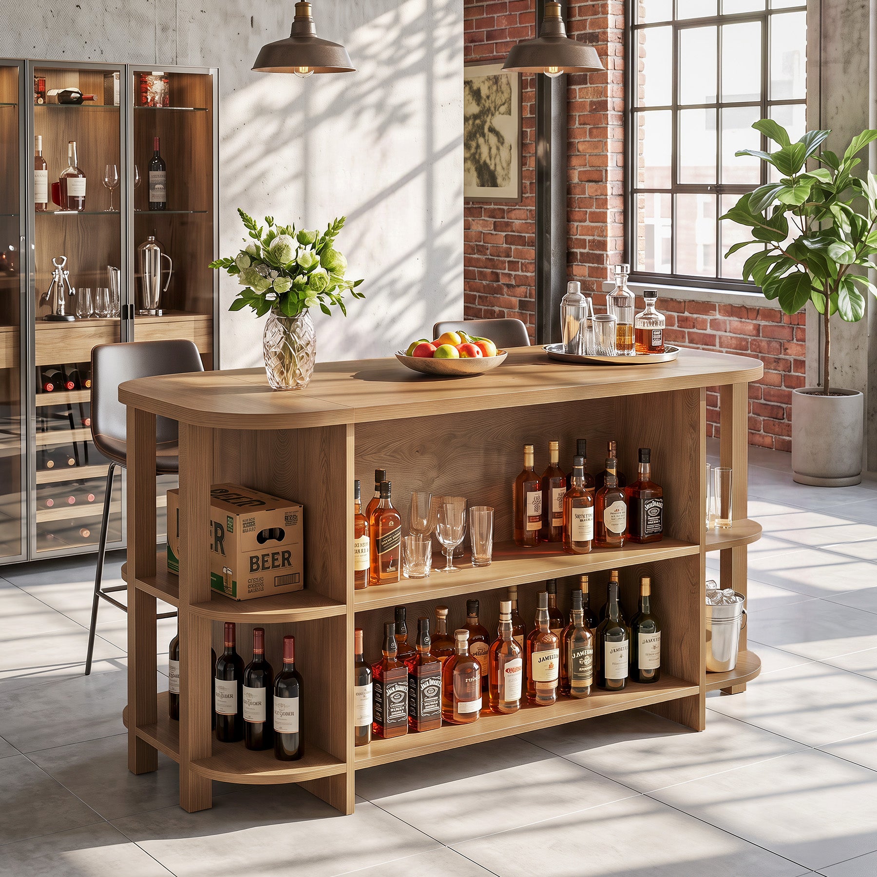 63" Farmhouse Kitchen Island, Counter Height Bar Table with 3-Tier Storage