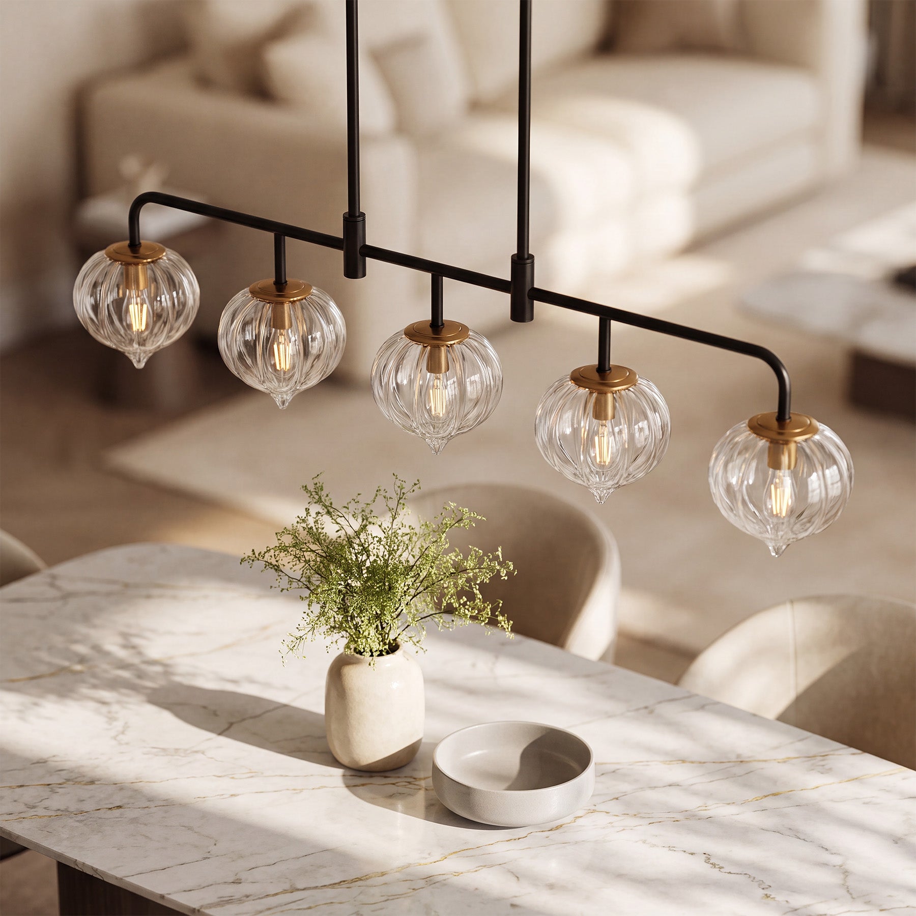 5-Light Pendant Light, Linear Kitchen Island Light Fixture with Adjustable Downrods & Clear Ribbed Glass Shades