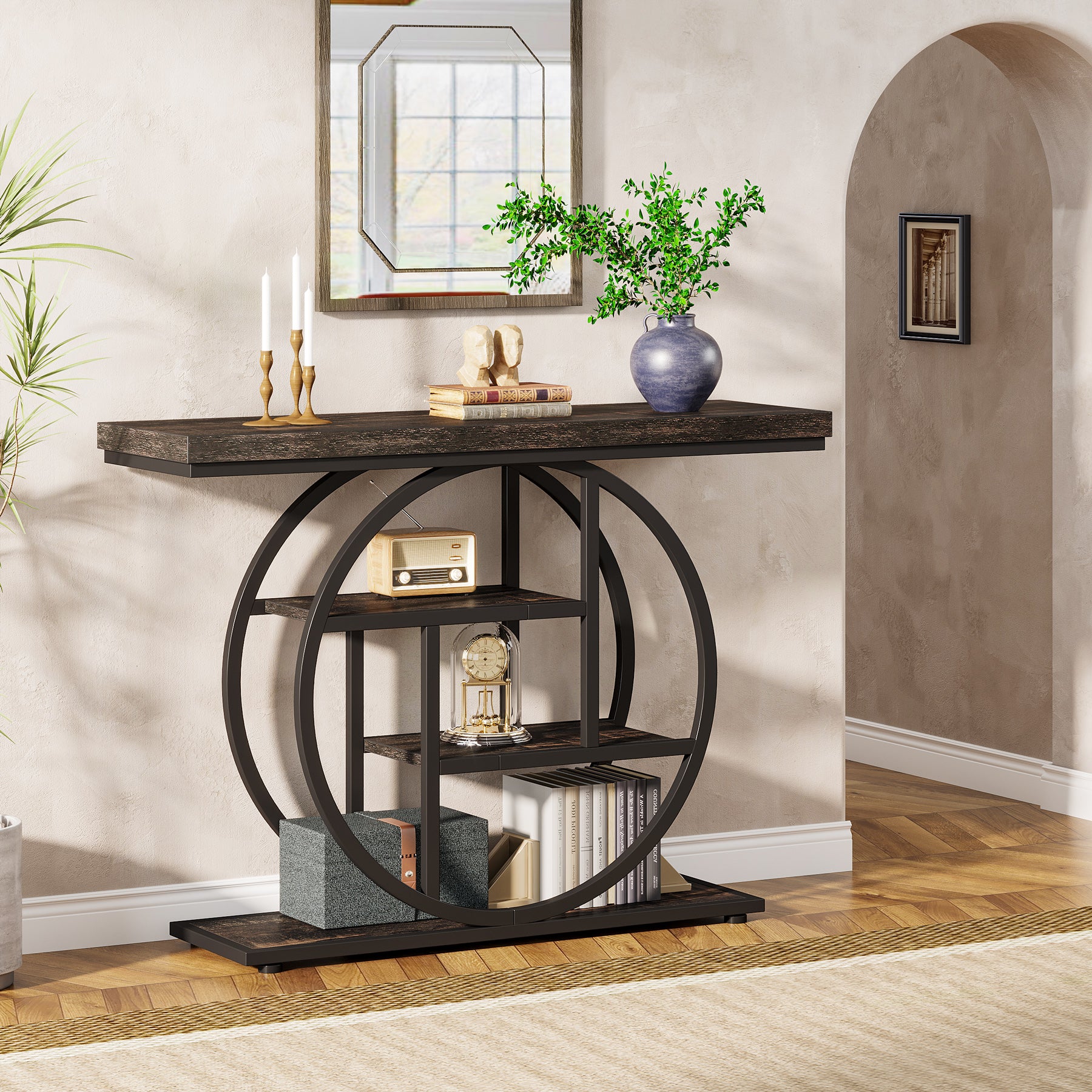 41.3" Console Table, Industrial 4-Tier Sofa Table Entryway Table with Circle Base