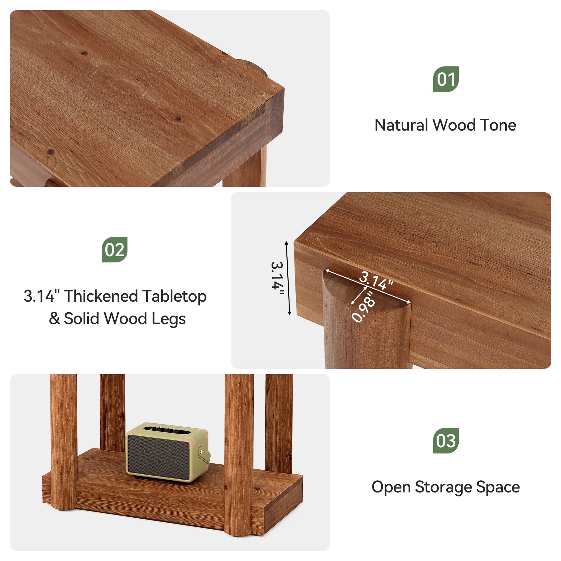 Solid Wood Modern Farmhouse End Table, 2-Tier Storage Shelf Side Table for Small Spaces