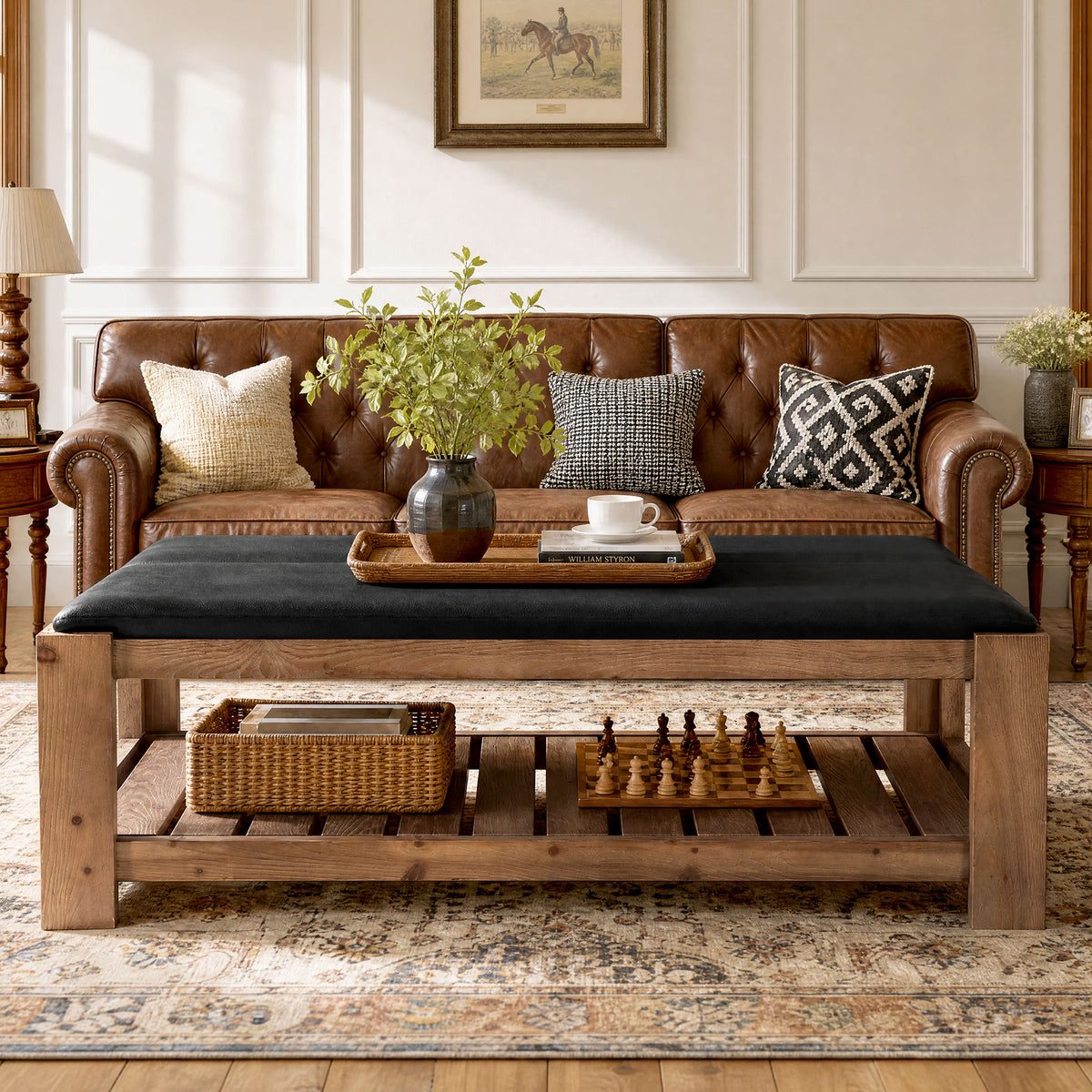 55" Solid Wood Coffee Table with PU Leather Padded Top & Storage Shelf