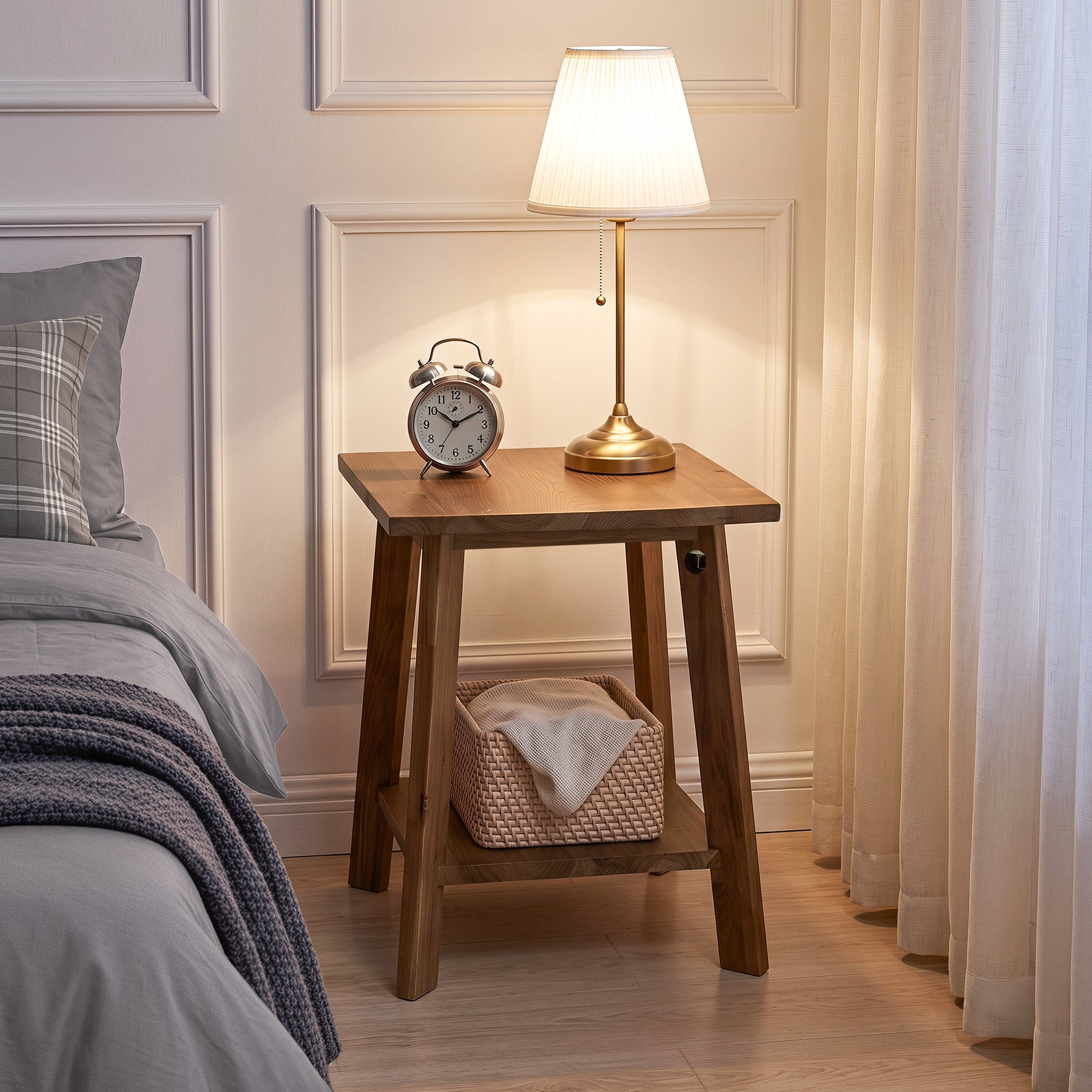 19.69" Solid Wood End Table, Small Side Table with 2-Tier Storage Shelf for Living Room