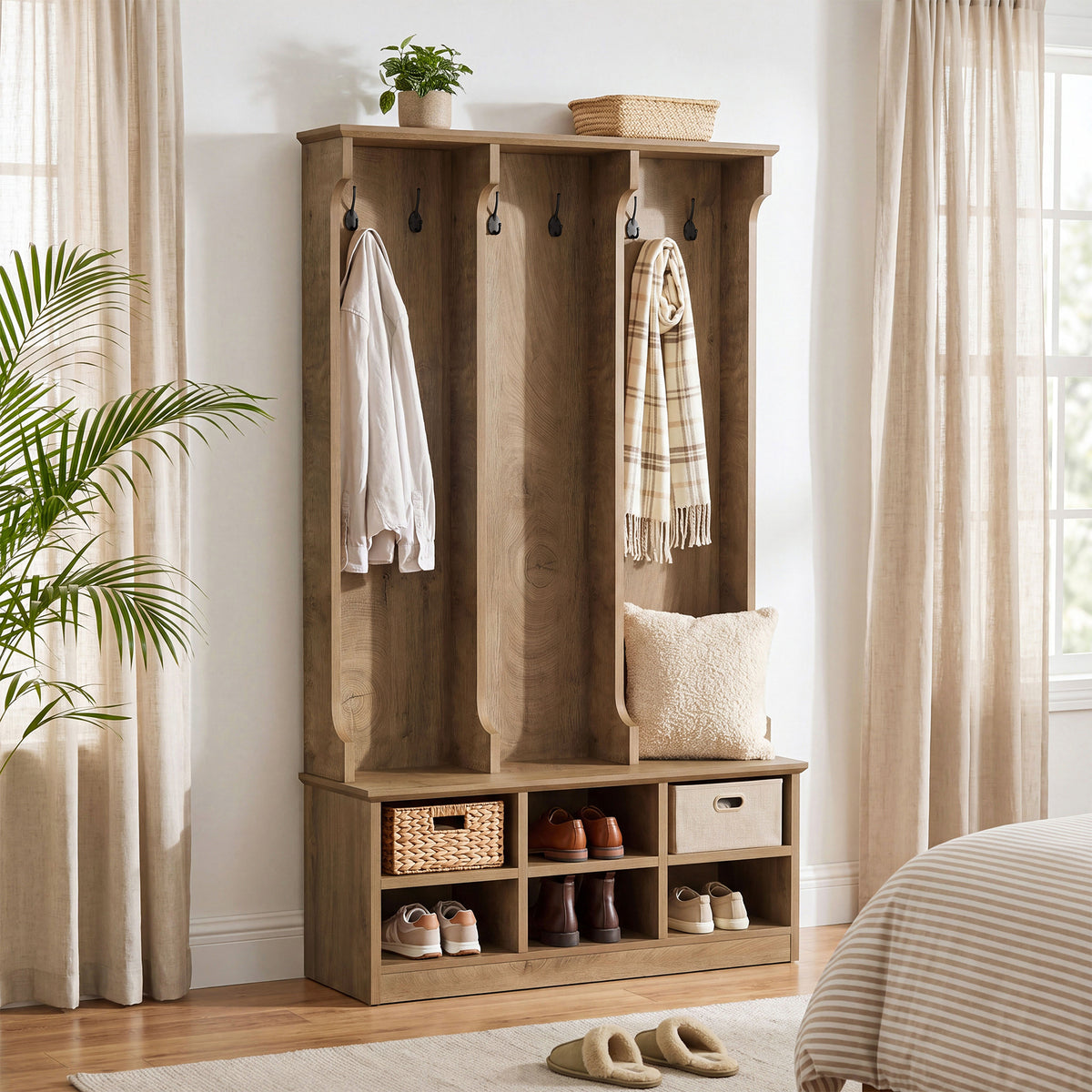 3-in-1 Hall Tree with Shoe Bench and Storage, 70.9" Entryway Coat Rack with 6 Double Hooks