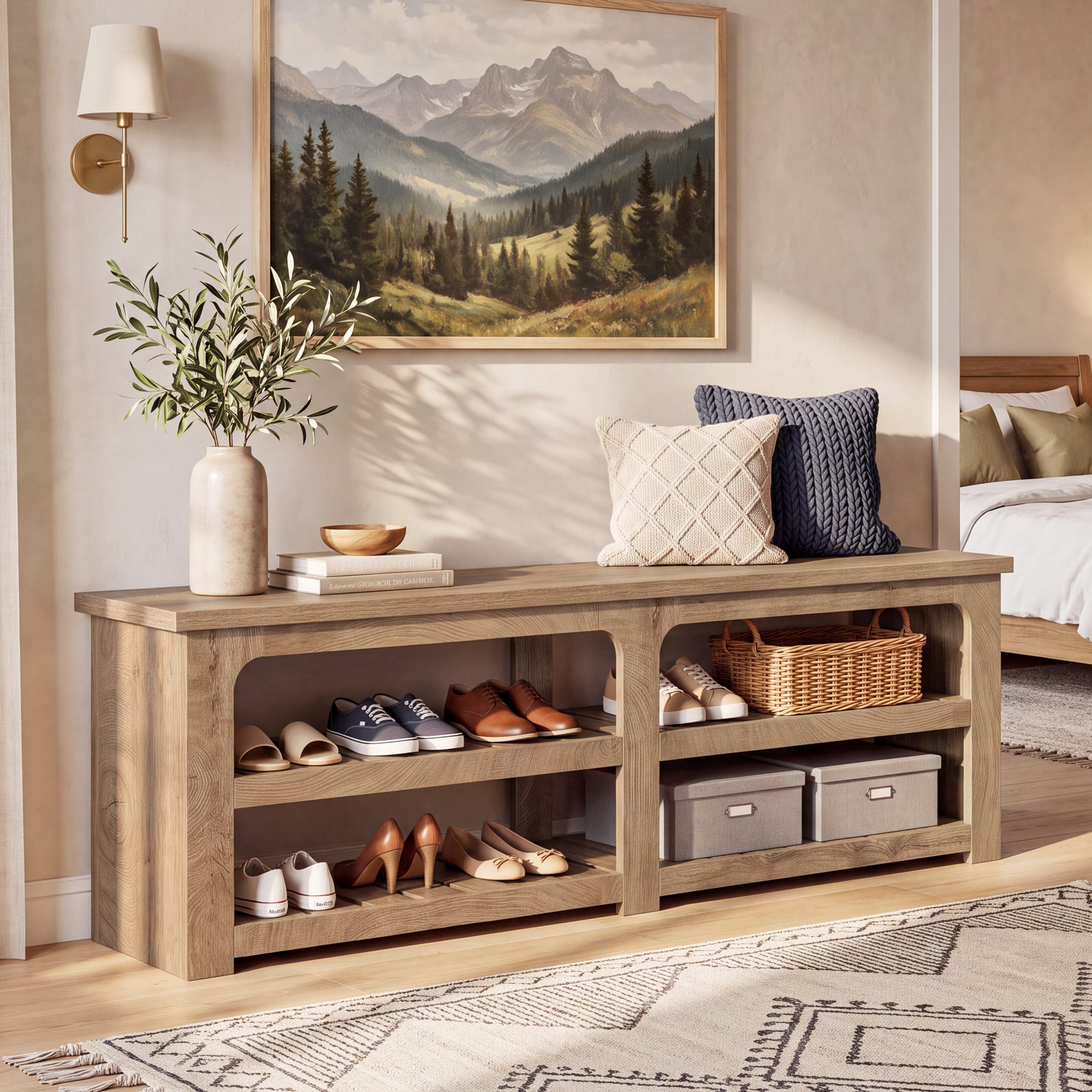 71" Extra Long Entryway Bench with Shoe Storage, Farmhouse 2-Tier Slatted Shoe Rack