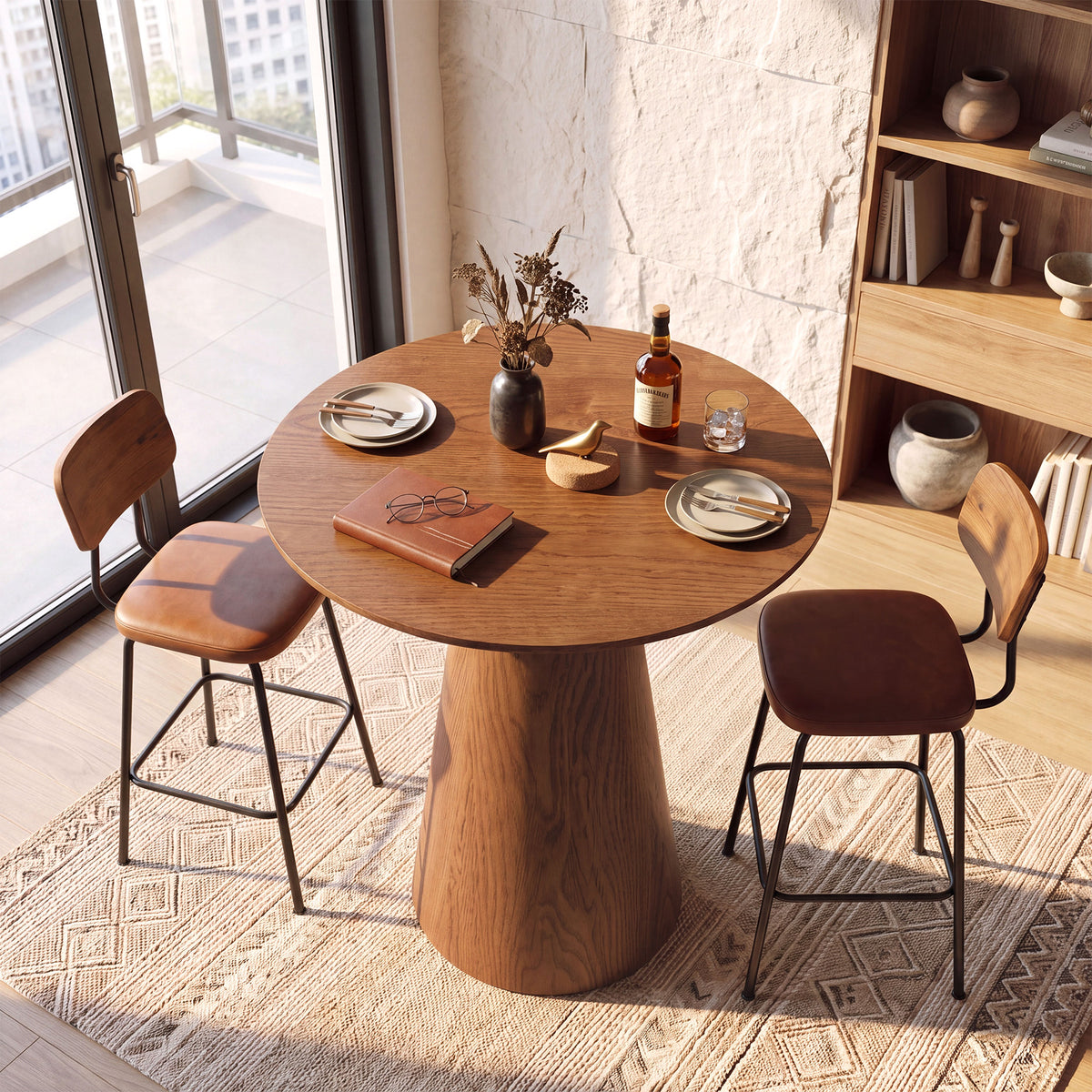 39" H Solid Wood Bar Table, Round Pedestal Height Pub Table for Dining, Easy Assembly