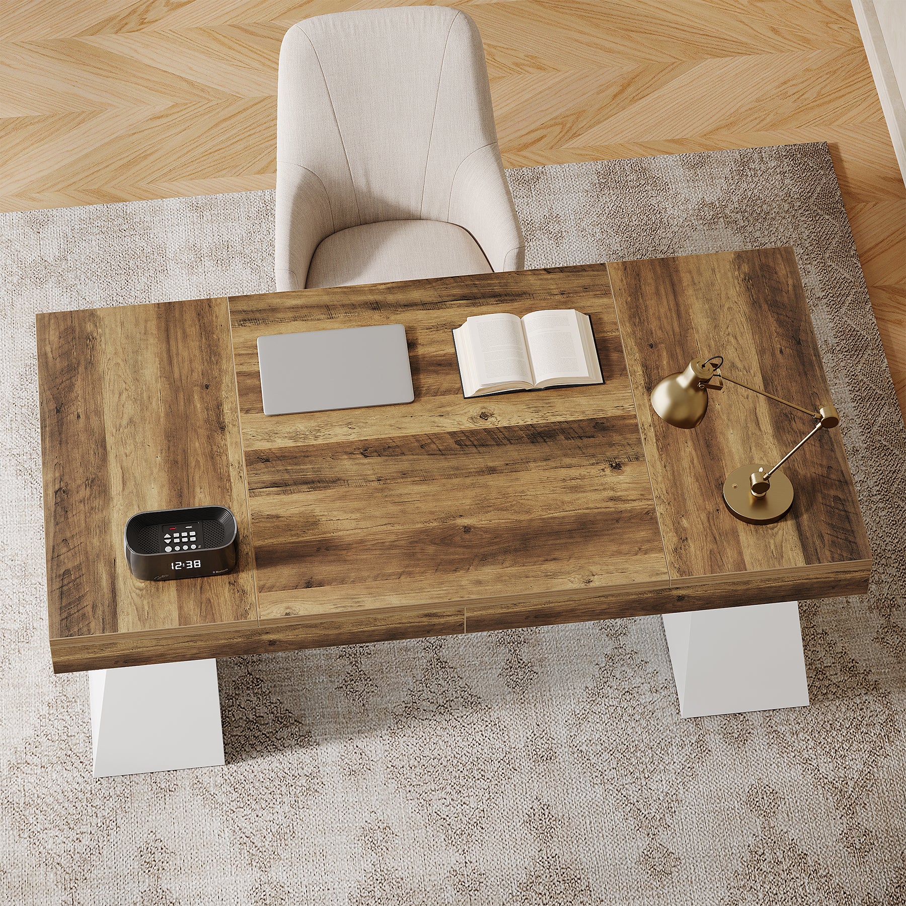 55" Executive Office Desk with Double Trapezoid Base, Modern Wooden Computer Desk for Home Office