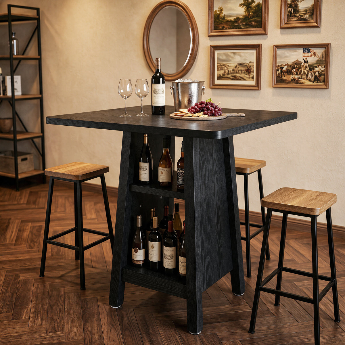 Square Bar Table with Storage, 35.4" H Pub Bar Table with 2 Open Shelves