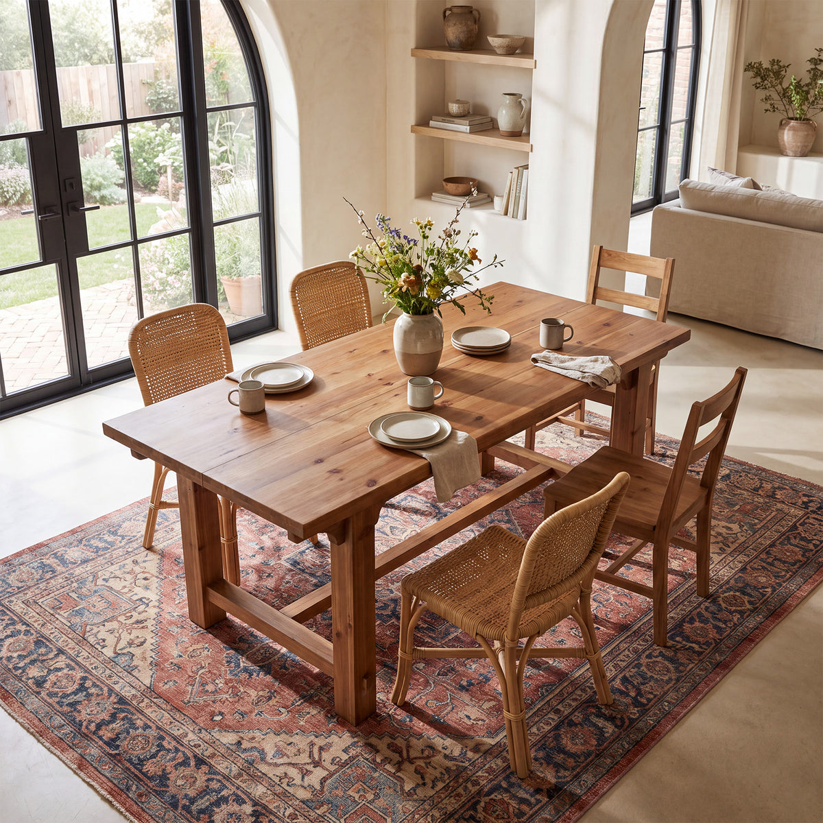 63" Solid Wood Dining Table for 4-6, Rectangular Kitchen Table with Thick Trestle Legs