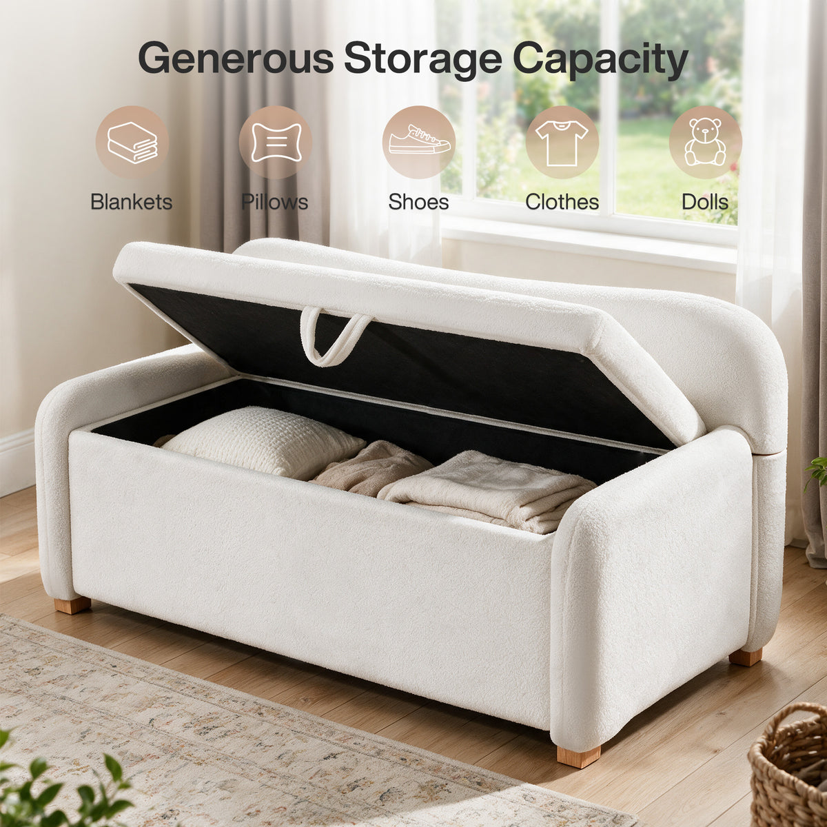 55" Faux Sheepskin Ottoman Bench, White Backrest Storage, End of Bed Bedroom