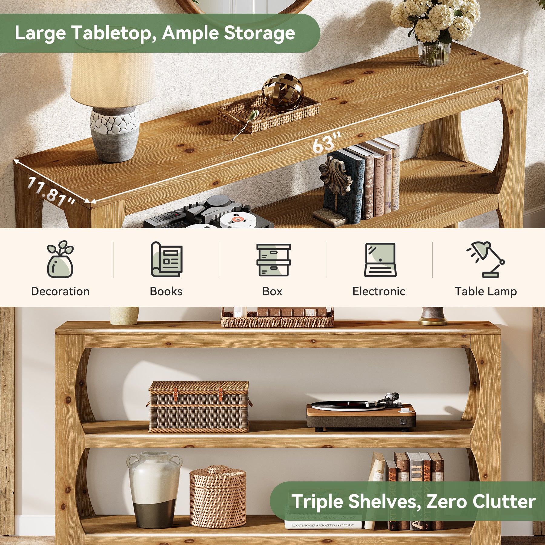 63" Solid Wood Console Table, Farmhouse Narrow Entryway Sofa Table with 3-Tier Storage