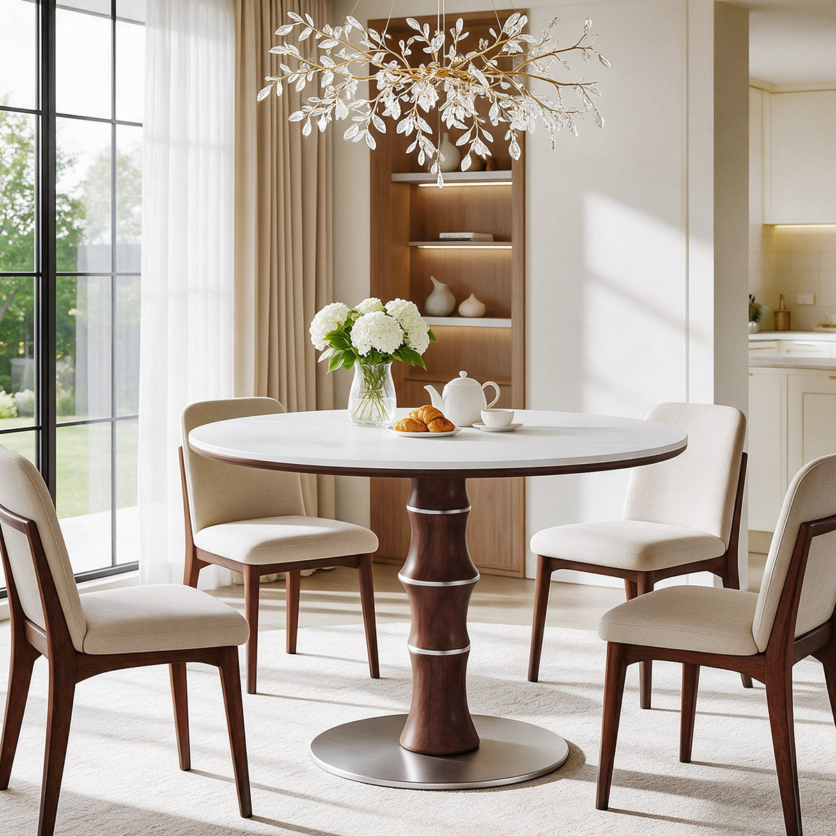 35" Round Sintered Stone Dining Table for 2-4, Rubberwood Pedestal