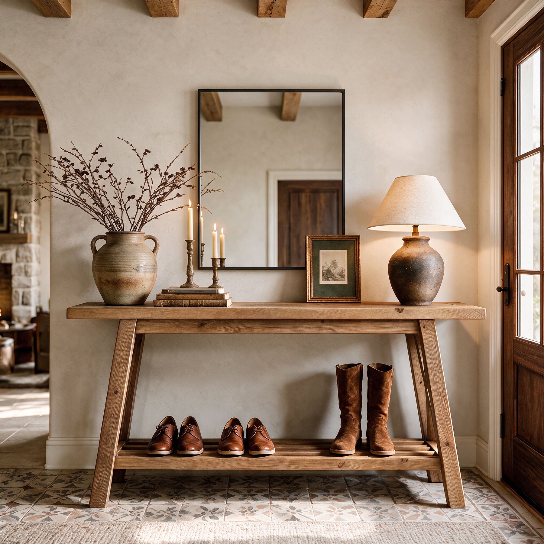 63" Console Table with Storage, Solid Wood X-Brace Sofa Table, 2-Tier Entryway Table