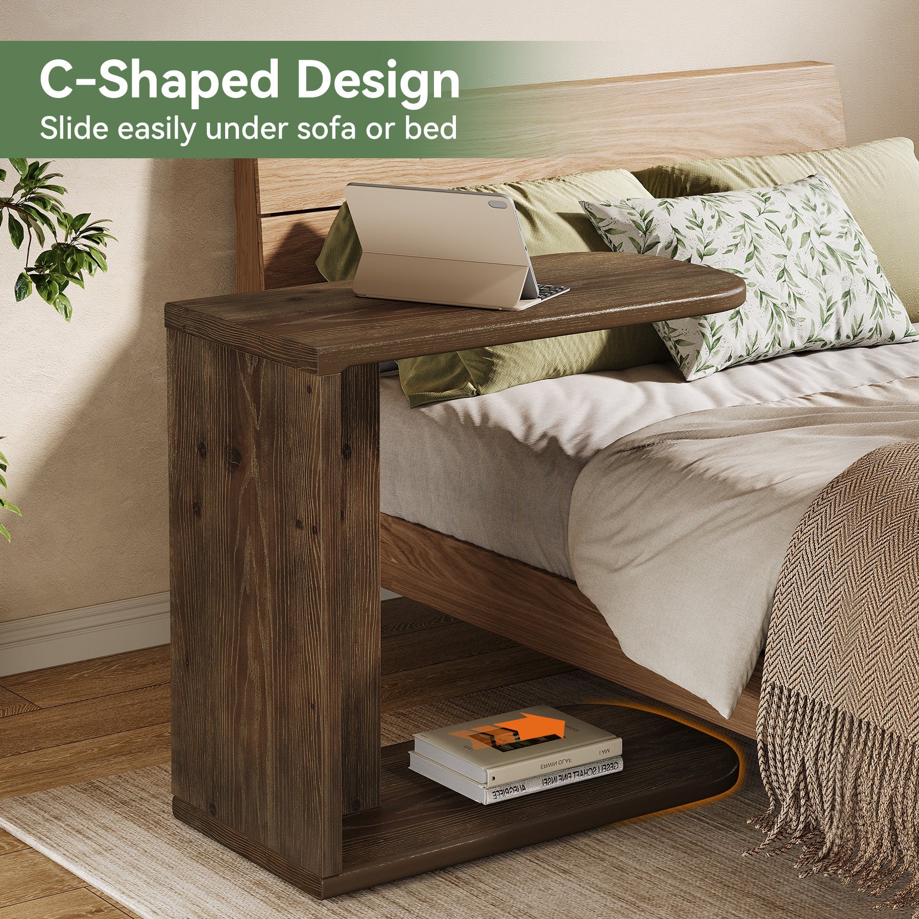 Solid Wood End Table, C-Shaped Sofa Side Table for Living Room