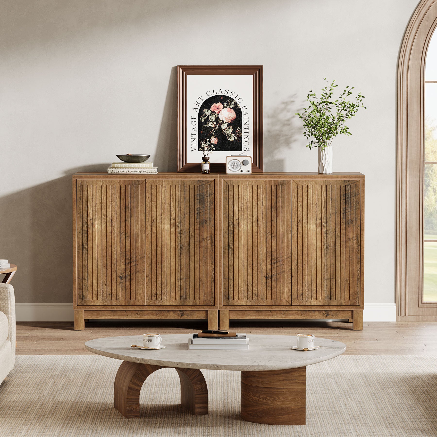 Fluted Sideboard Buffet Cabinet with Adjustable Shelves & 4 Push-Spring Doors