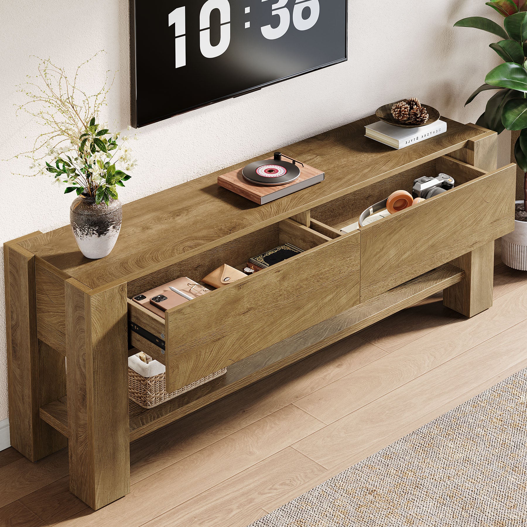 63" TV Stand for TVs up to 75", Entertainment Center with 2 Drawers & Shelves