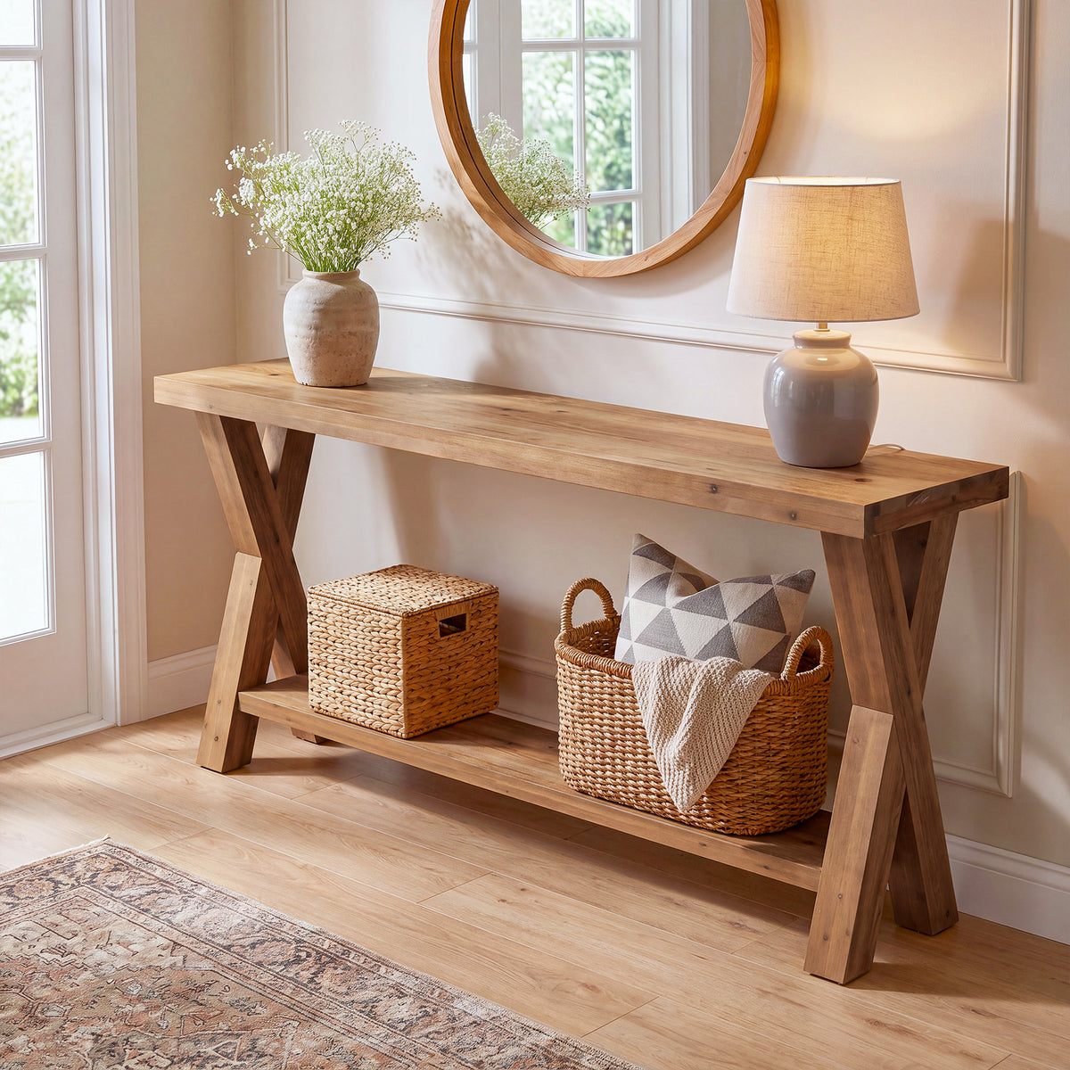 63" Solid Wood Console Table, 2-Tier Entryway Sofa Table with X-Brace Leg for Hallway