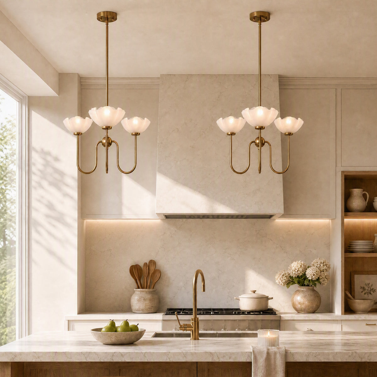 3-Light 20" Gold Floral Glass Chandelier, Modern Pendant Light