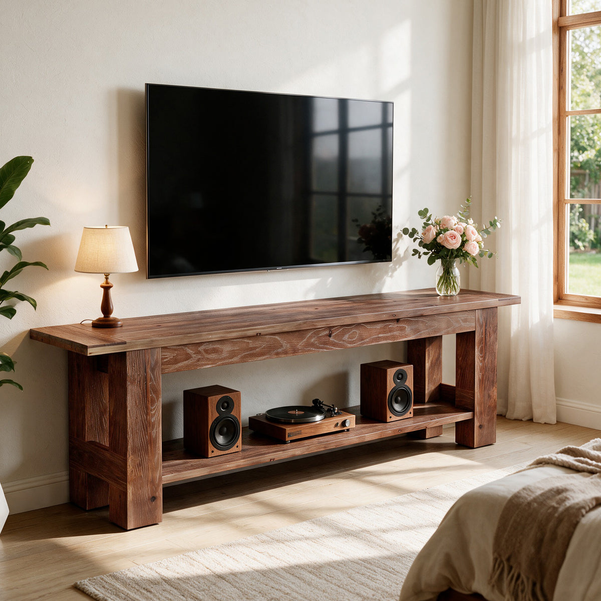 71" Rustic Solid Wood TV Stand for 75" TV, Entertainment Center with Storage Shelf