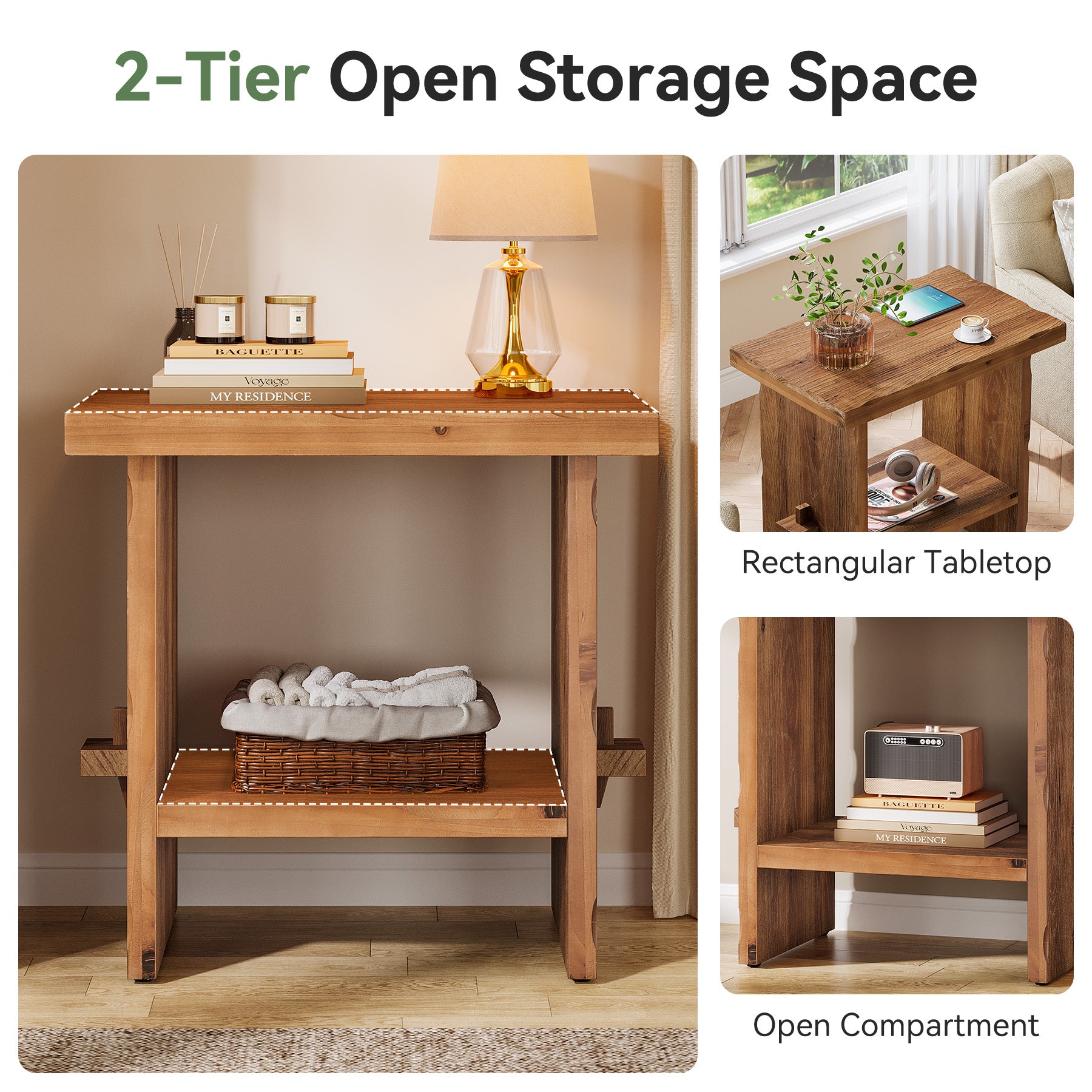 23.62-Inch Solid Wood Nightstand with Storage, Farmhouse Bedside Table with Wooden Base for Bedroom