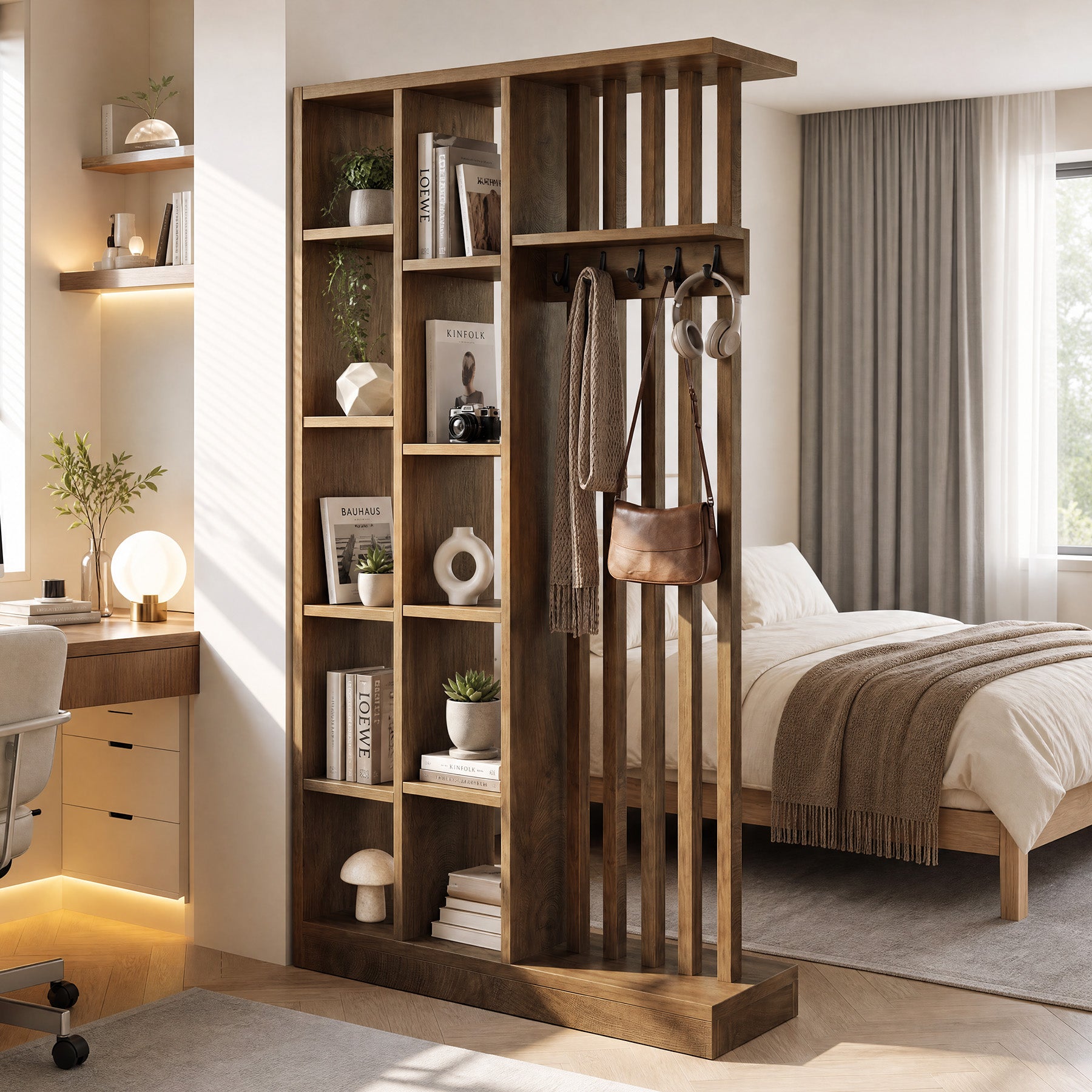 70.9" Wall Room Divider, Freestanding Privacy Screen Partition with Shelves & Coat Hooks