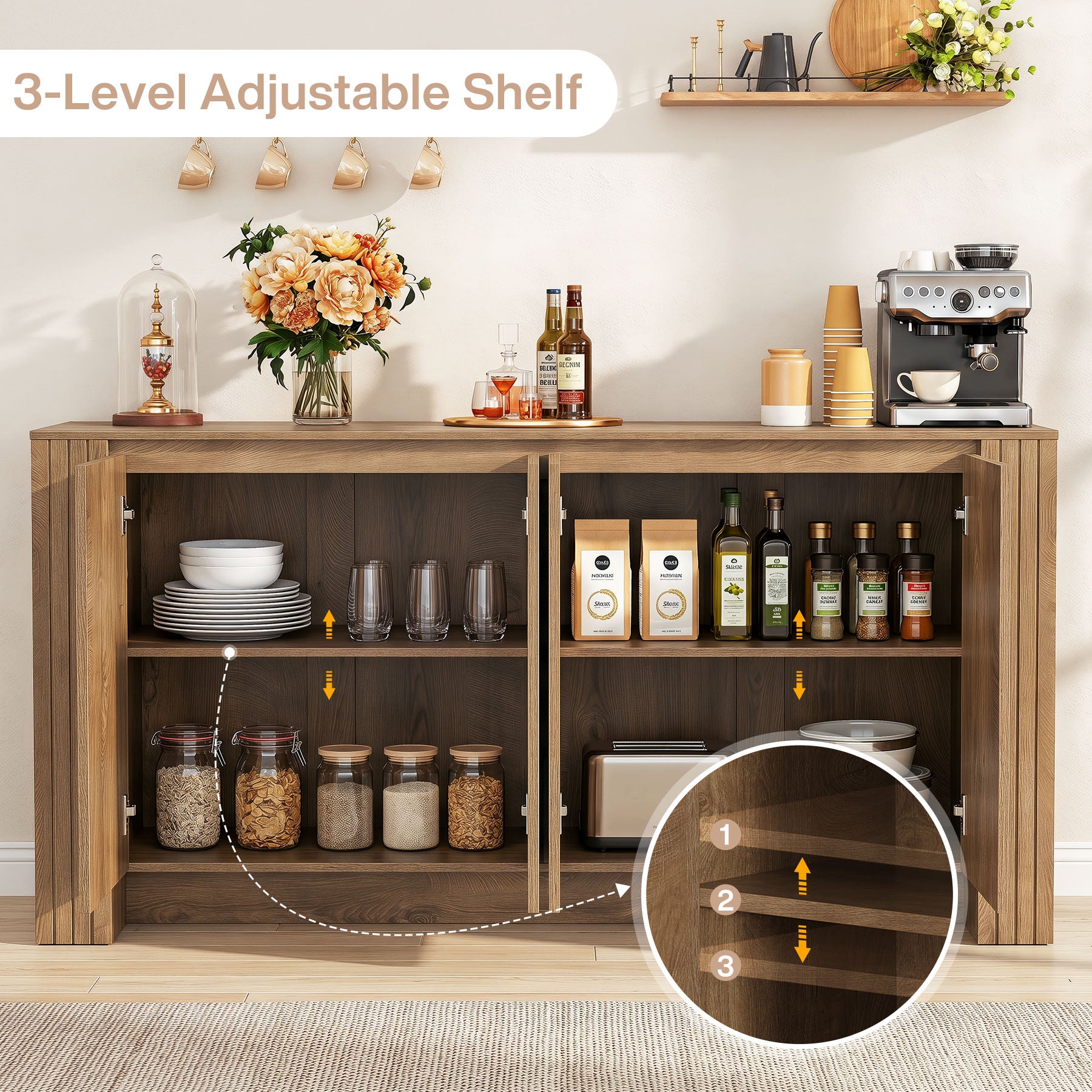 63" Fluted Sideboard Buffet Cabinet with Storage, Modern Coffee Bar Cabinet with Adjustable Shelves