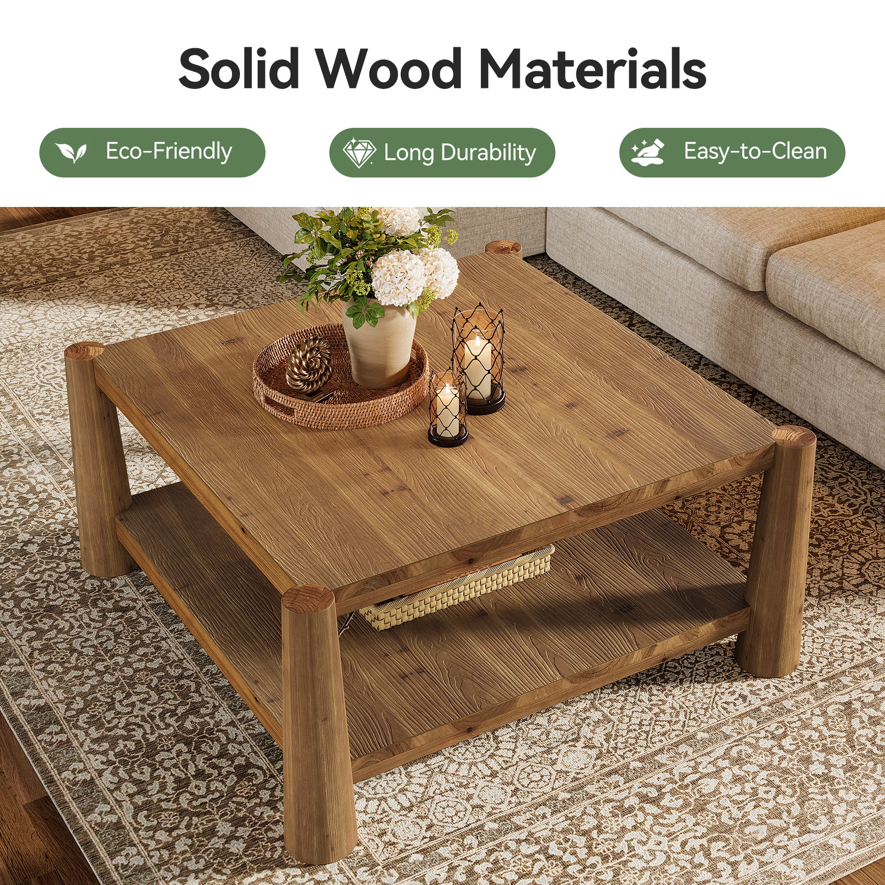 Square Solid Wood Coffee Table, 34" Farmhouse Center Table with 2-Tier Storage