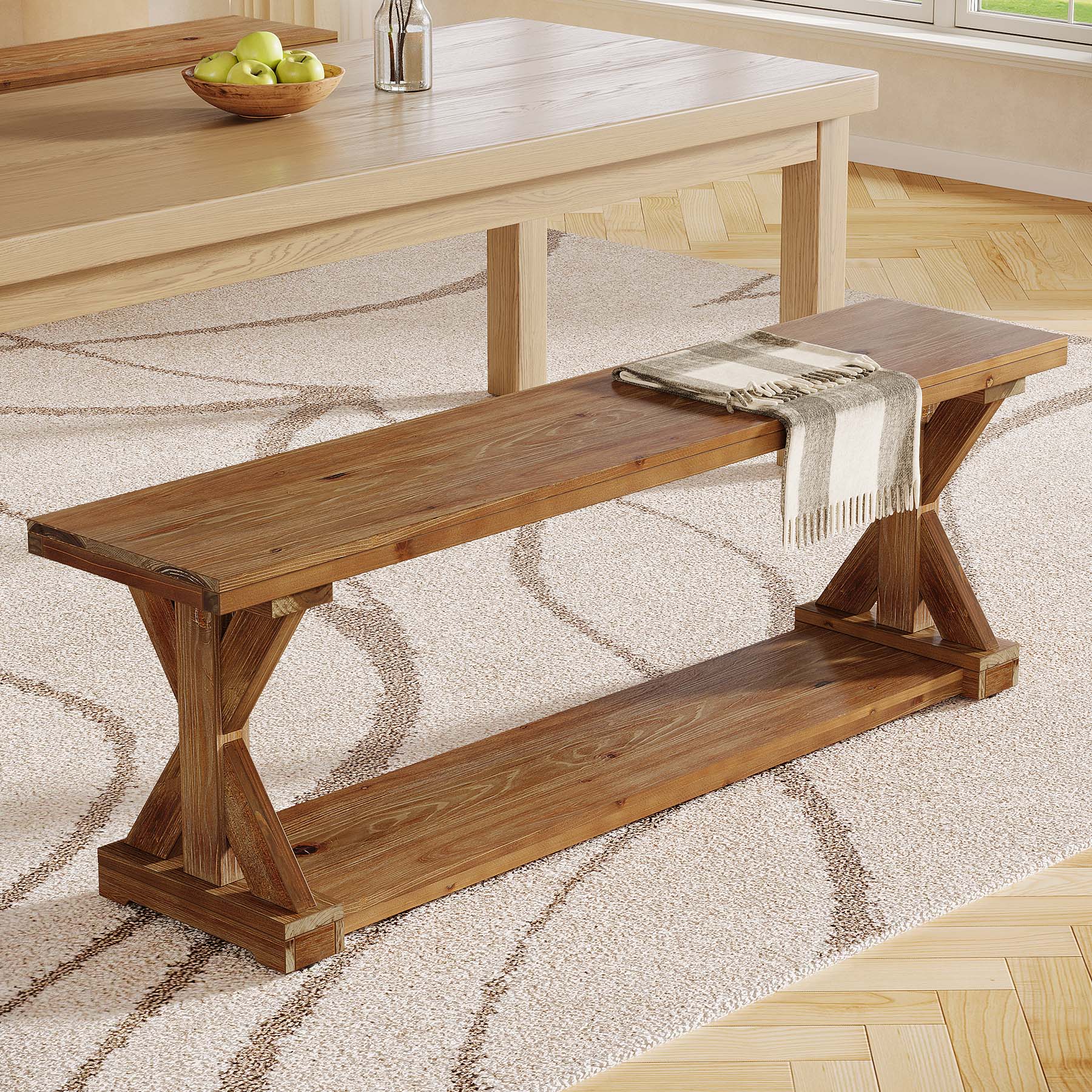 59" Solid Wood Dining Bench, 2-Tier Wooden Storage Bench for Dining Room