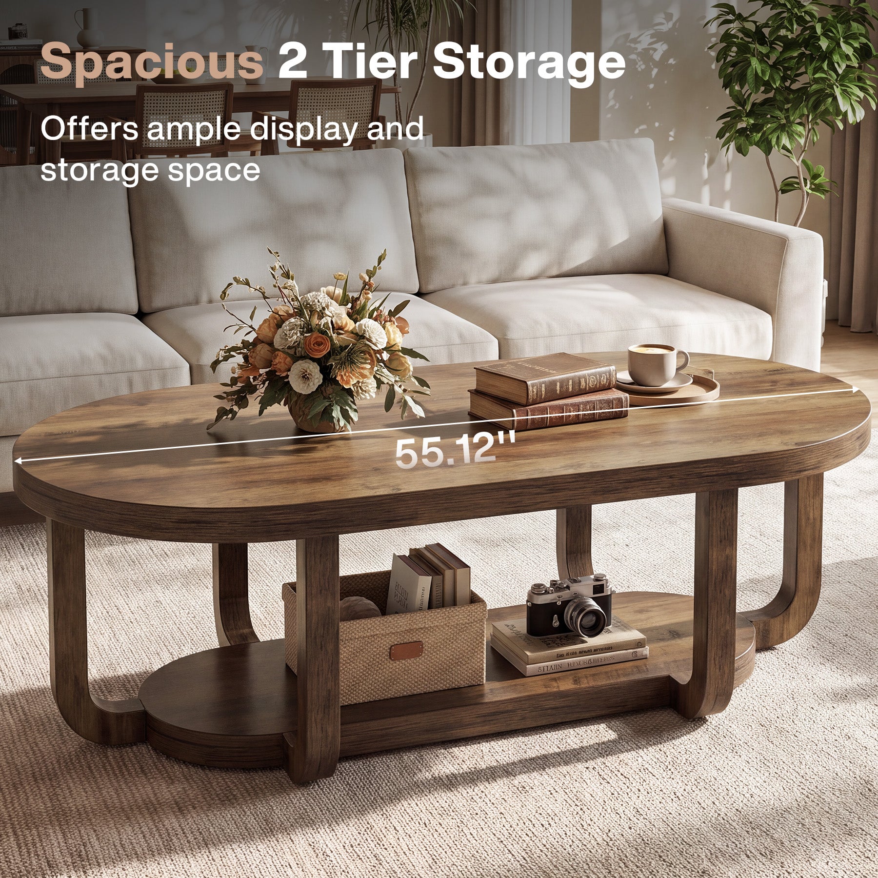 55-Inch Oval Coffee Table with 2-Tier Storage, Curved Leg Design for Living Room