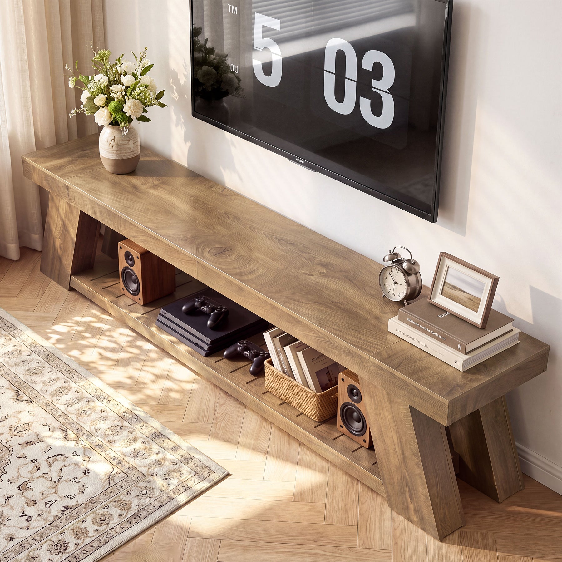87" TV Stand for 85" TV, Farmhouse Entertainment Center, 2-Tier Storage, Extra Long Console
