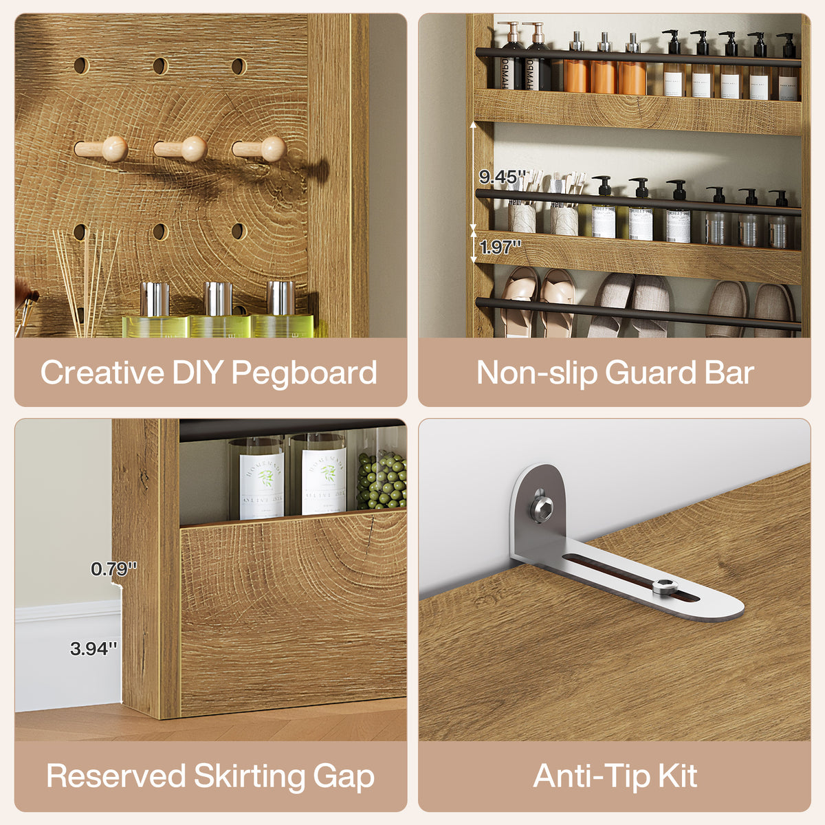 70" Tall Behind-the-Door Bookshelf with Pegboard & Hooks, Slim Wall-Mounted Storage