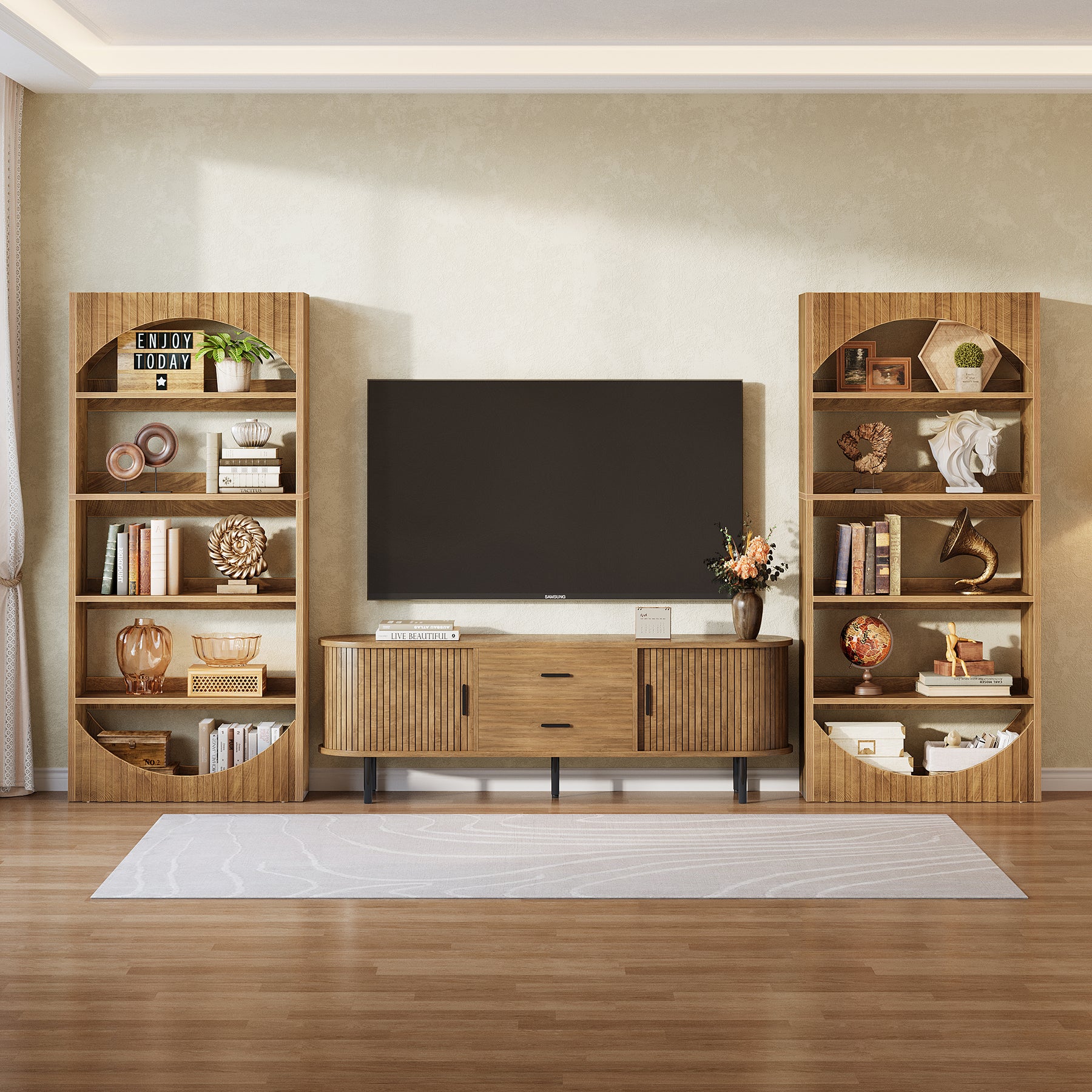 5-Tier Bookshelf, 70.8" Bookcase with Fluted Arched Top and Back Baffle