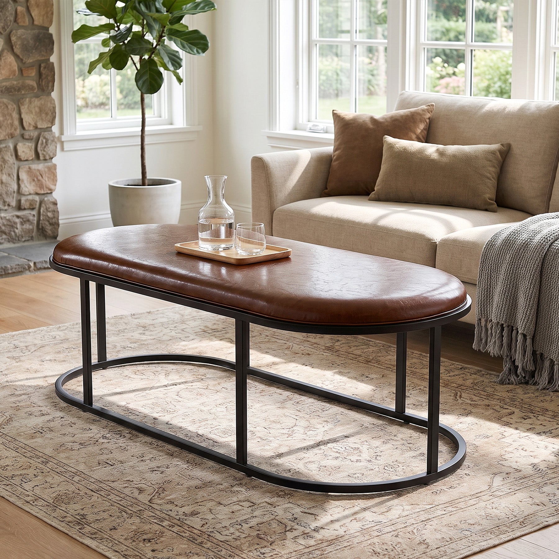 Oval Faux Leather Coffee Table, 55.12" Upholstered Center Table with Metal Base