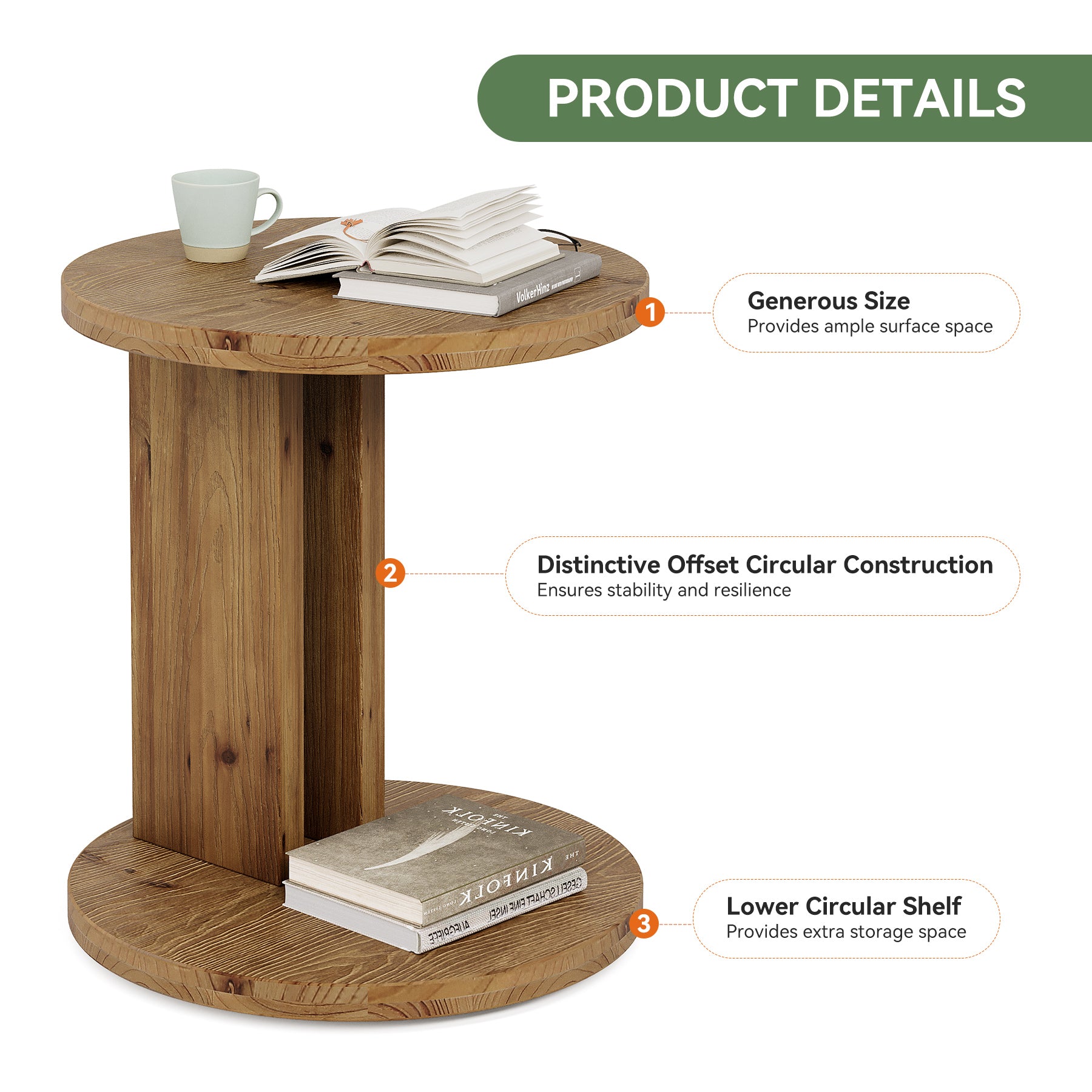 Solid Wood Nightstand, 19.68"C-Shaped Bedside Table with Storage