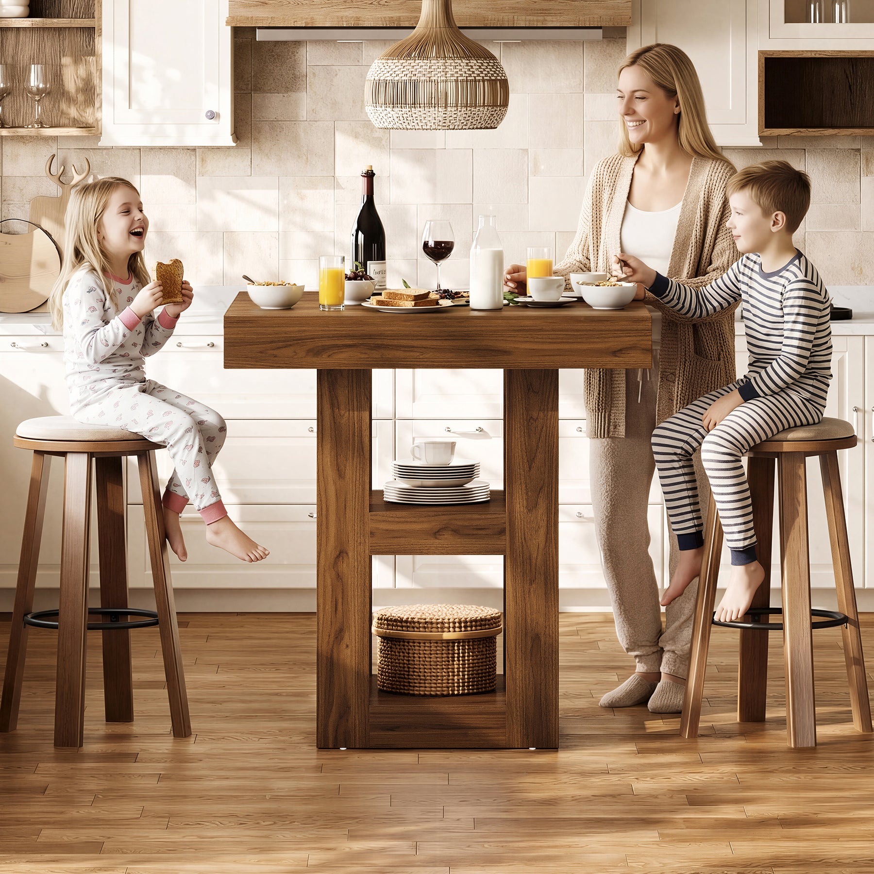 31.5" Square Kitchen Island with 3-Tier Storage, Wooden Home Bar Table