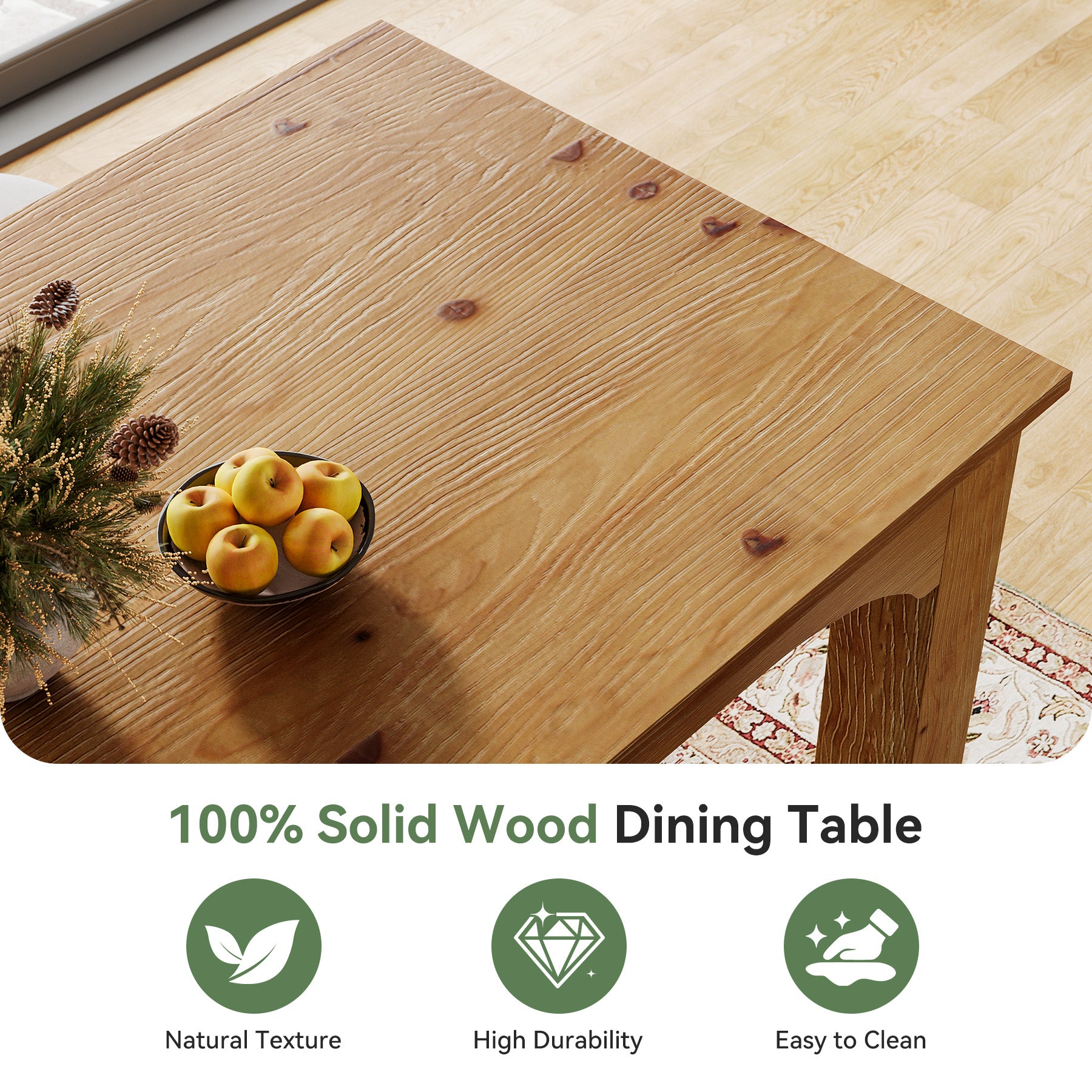 Solid Wood Dining Table, 78.7" Rectangular Kitchen Table for 6-8 People