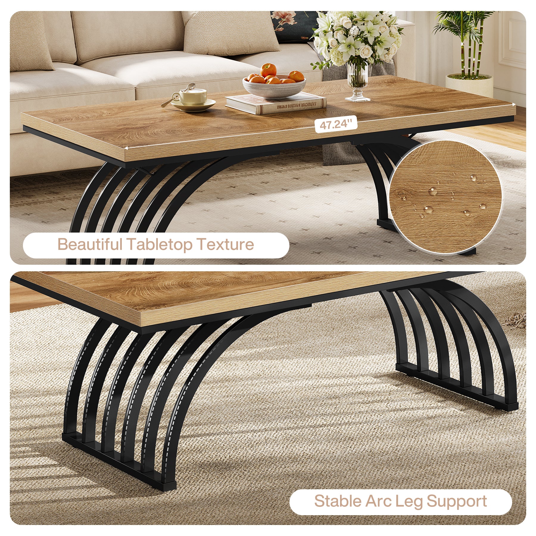 47" Coffee Table, Rectangular Center Tea Table with Metal Frame Legs