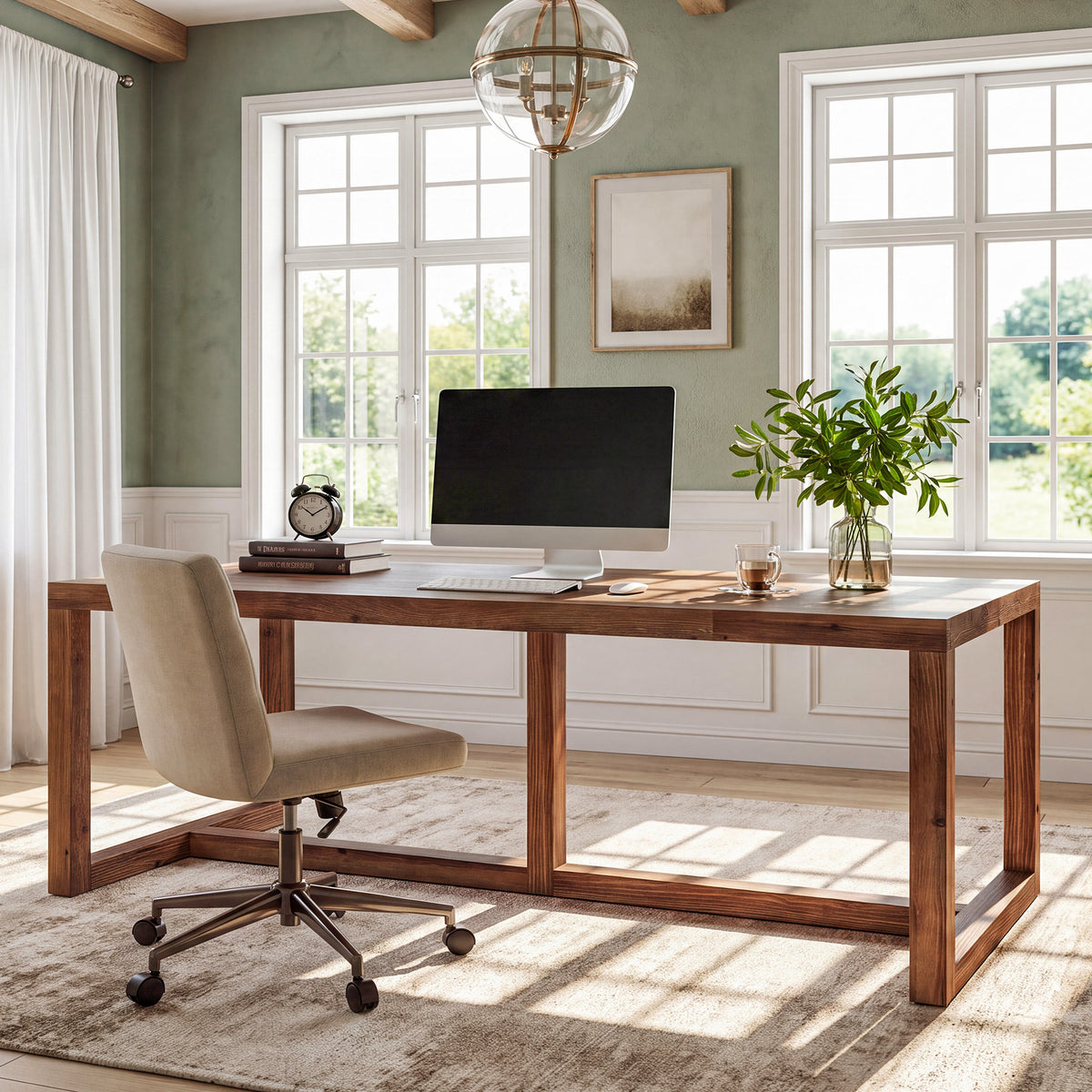 71" Farmhouse Executive Desk, Solid Wood Large Computer Workstation, Home Office