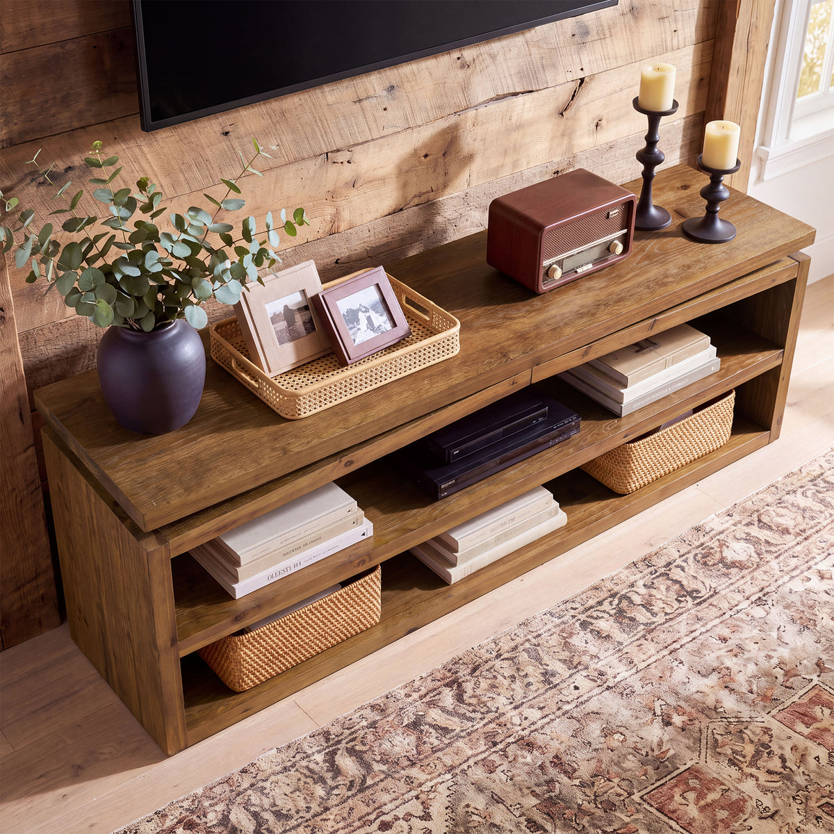 63" Farmhouse Solid Wood TV Stand for TVs Up to 70", 3-Tier Open Storage Media Console