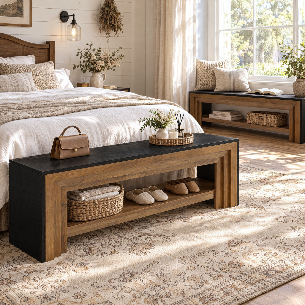 55" L-Shaped Corner Shoe Storage Bench, 2-Tier Entryway Bench with Open Shelves