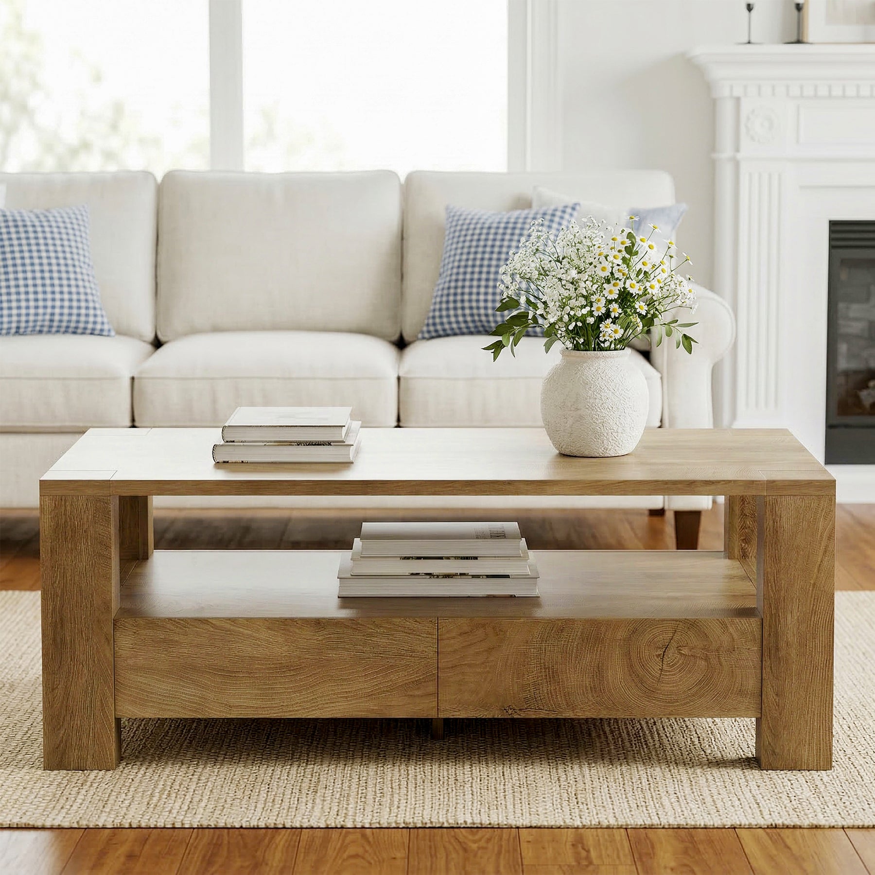 Rectangle Coffee Table, 47" Center Tea Table with 2 Drawers & Open Shelf