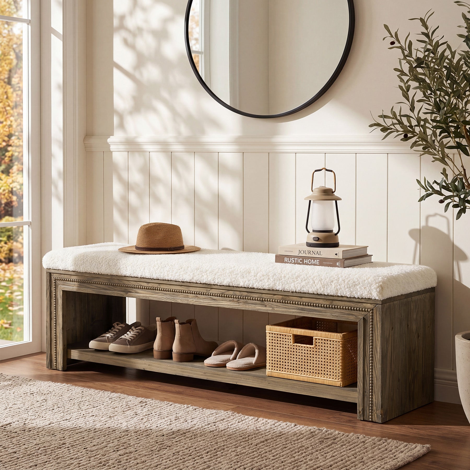 55" Solid Wood Entryway Bench, Upholstered Shoe Bench with Storage Shelf for Hallway