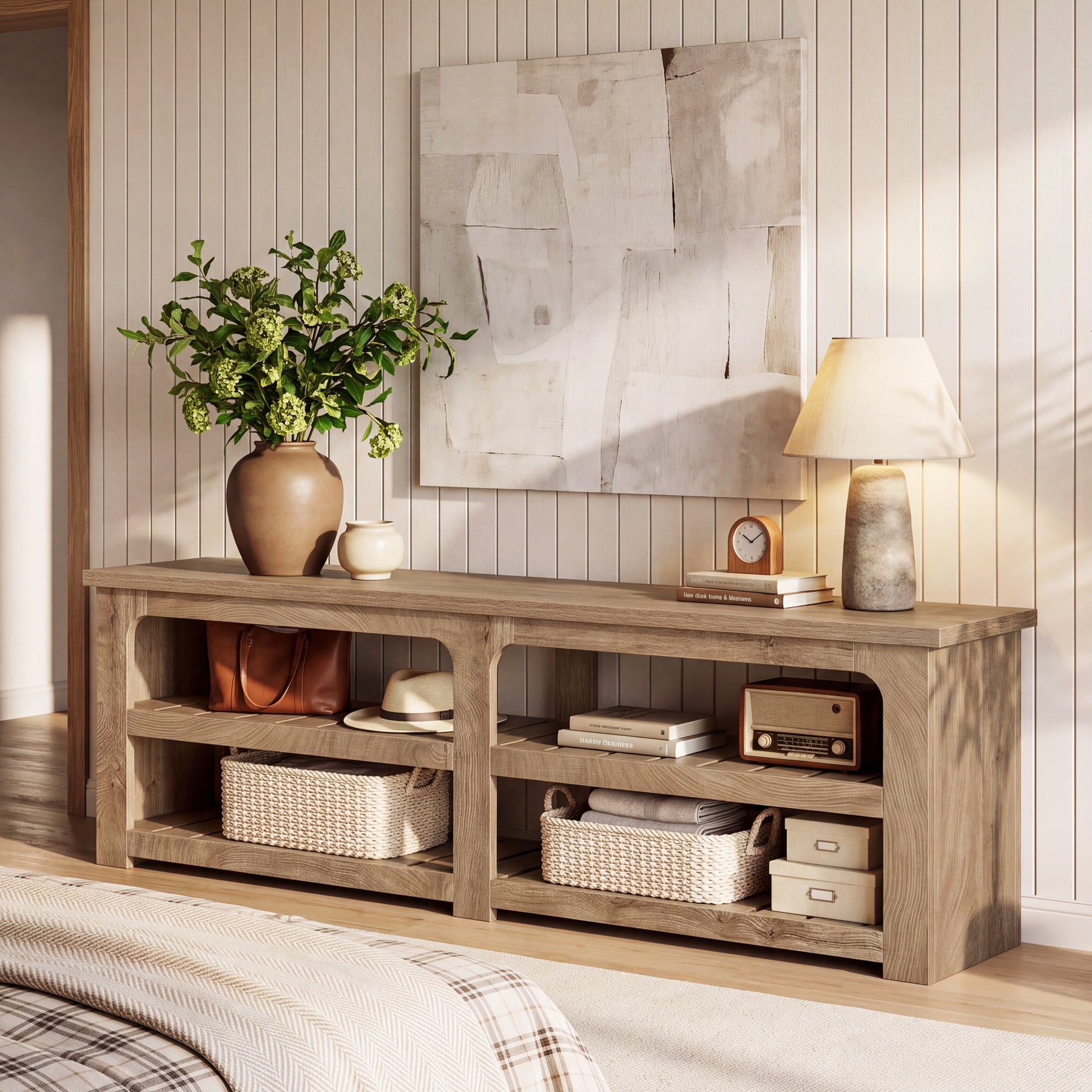 71" TV Stand for 75" TV, Farmhouse 2-Tier Entertainment Center, Storage Shelves, Living Room