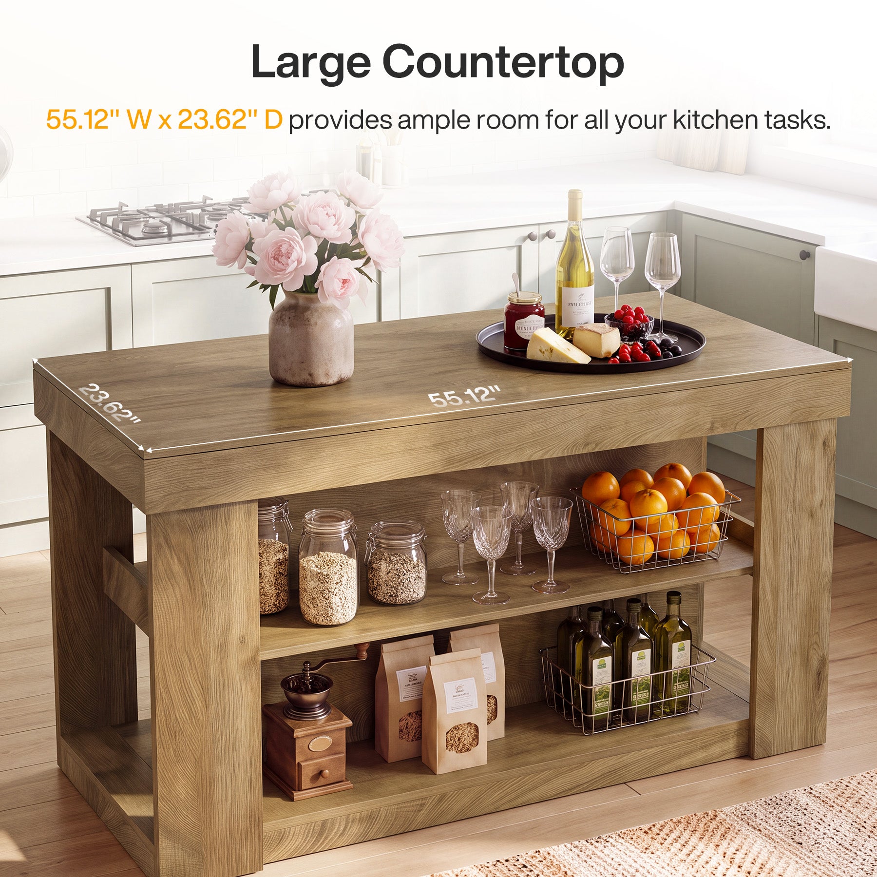 Tribesigns 55-Inch Kitchen Island with 2 Storage Shelves, Farmhouse Island Table with Seating