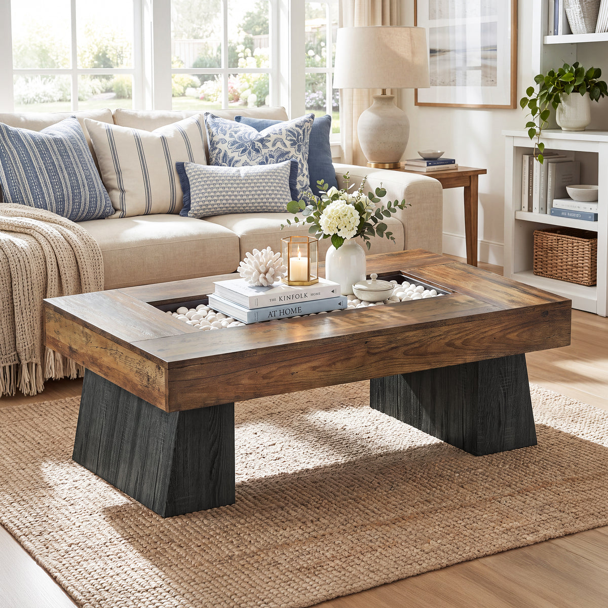 47.24 Inch Coffee Table with Recessed Storage Center, Rustic Modern Living Room Center Table