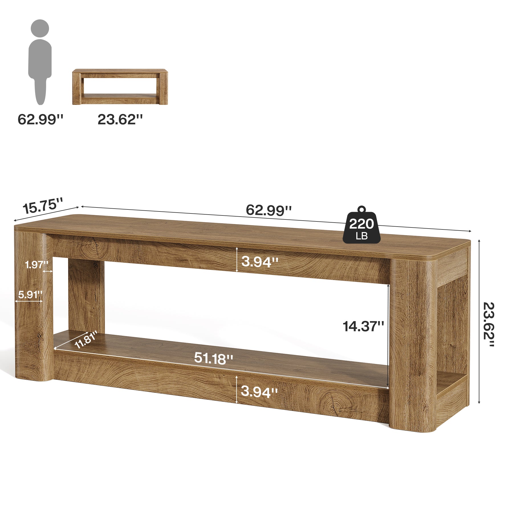 63" Farmhouse Console Table, Narrow Entryway & Sofa Table with Open Lower Shelf
