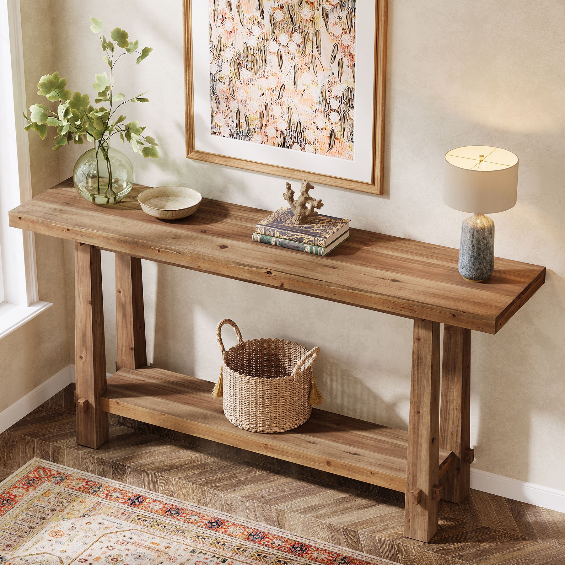63" Solid Wood Console Table with Shelf, Farmhouse Narrow Entryway & Sofa Table for Hallway or Behind Couch