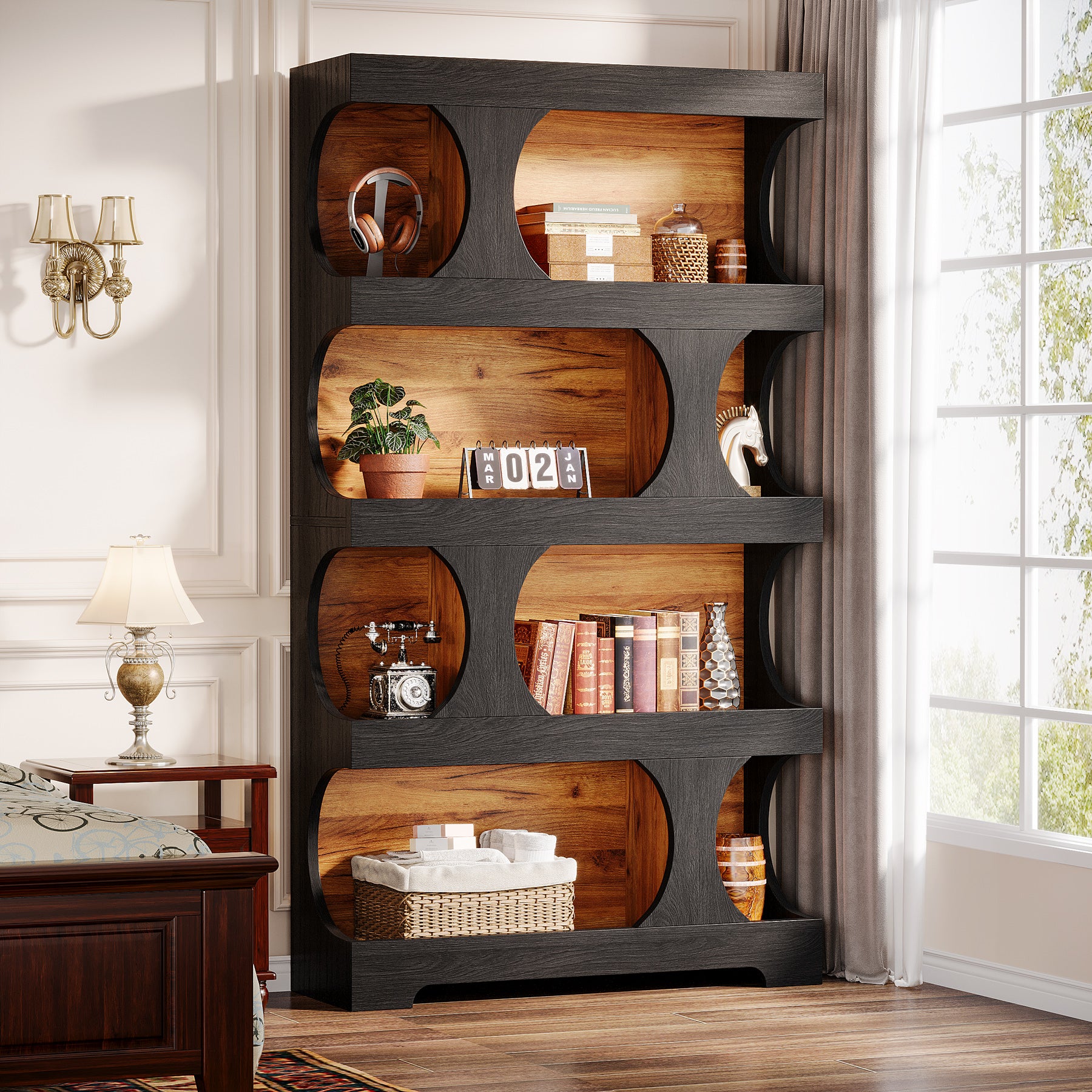 71" Bookcase, Modern Asymmetrical Bookshelf 4-Tier Display Shelf