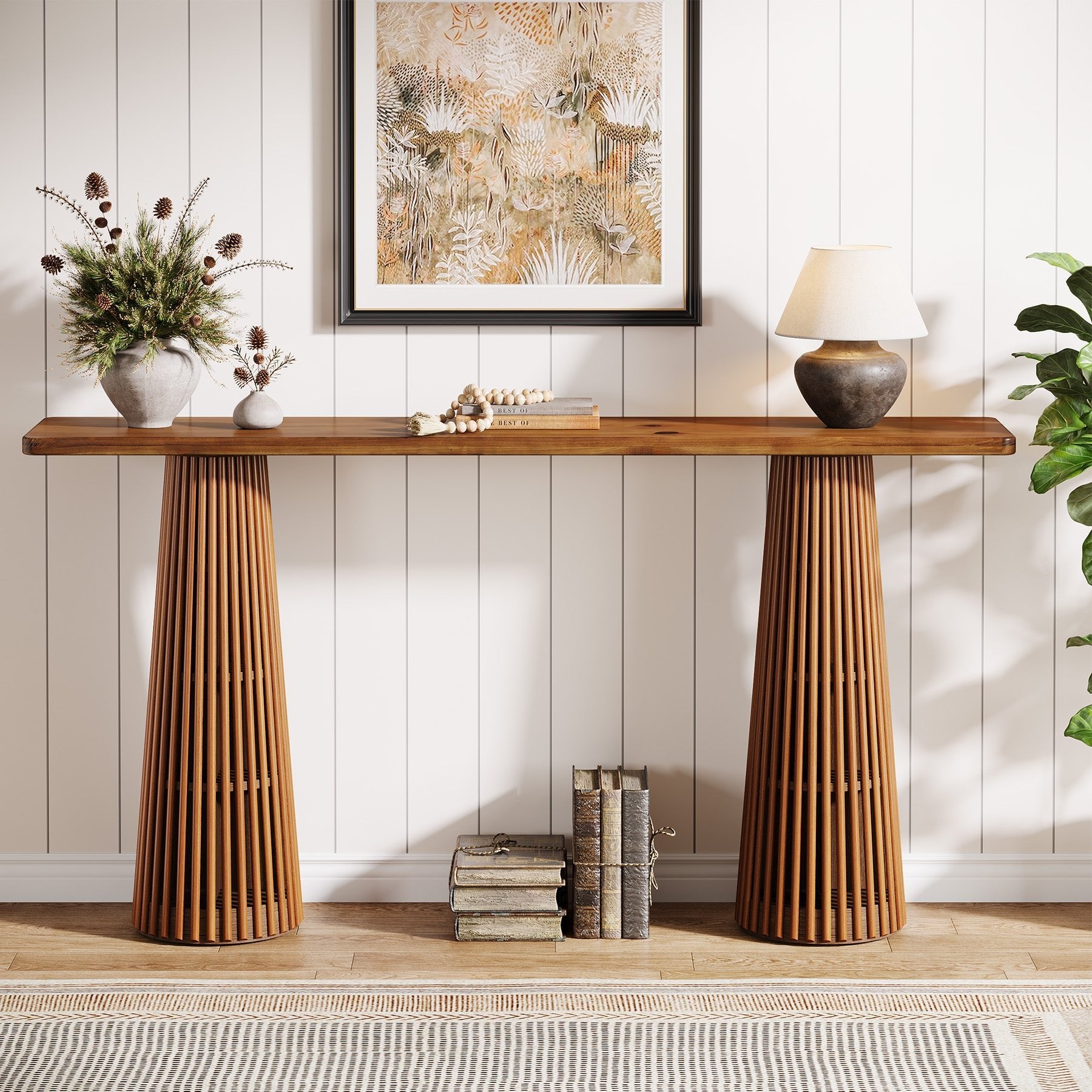 63" Console Table with Unique Base, Wooden Sofa Table Behind The Couch