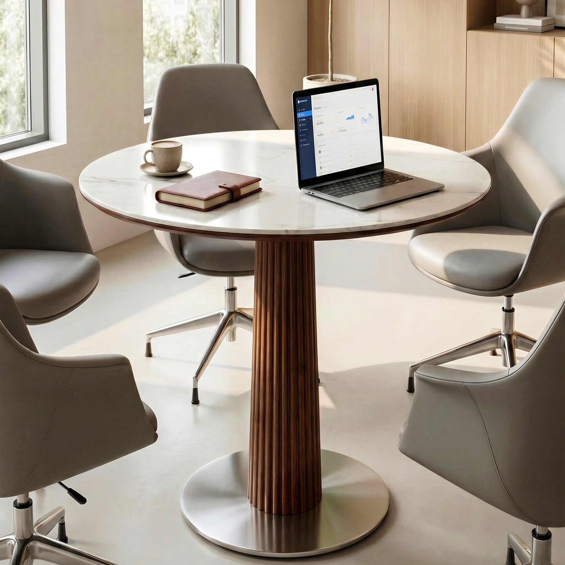 31.5" Conference Table for 2-4, Round Meeting Room Table with Sintered Stone Tabletop